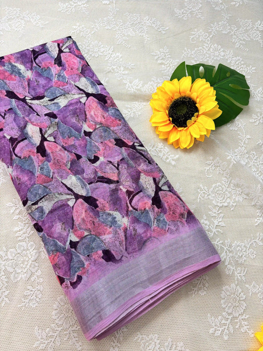 Pink Semi Linen Cotton Floral Print Saree