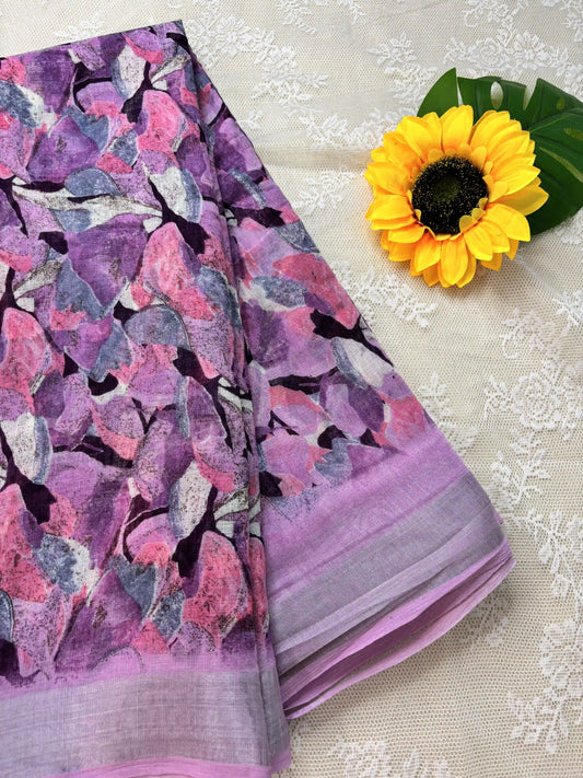 Pink Semi Linen Cotton Floral Print Saree