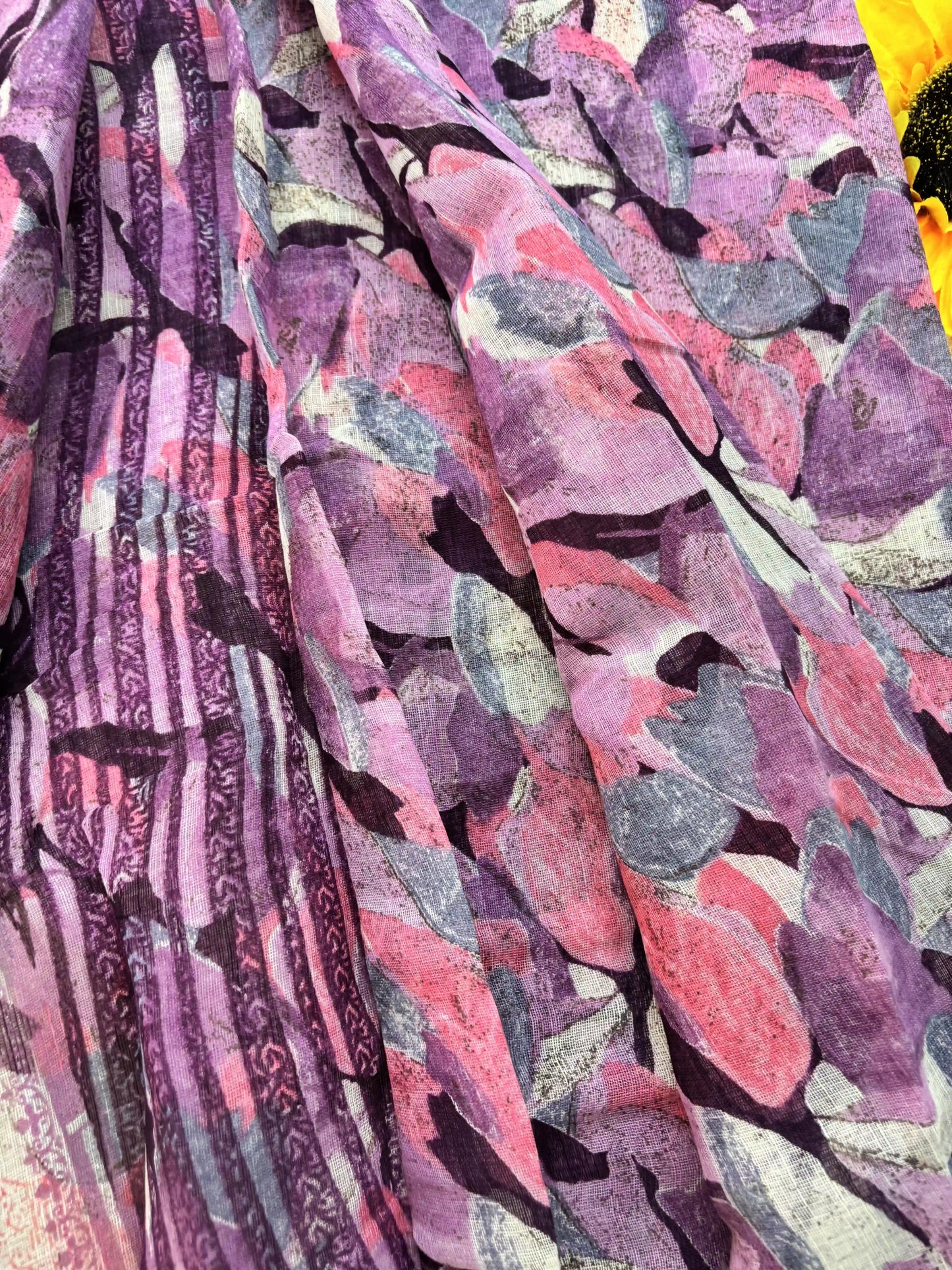 Pink Semi Linen Cotton Floral Print Saree