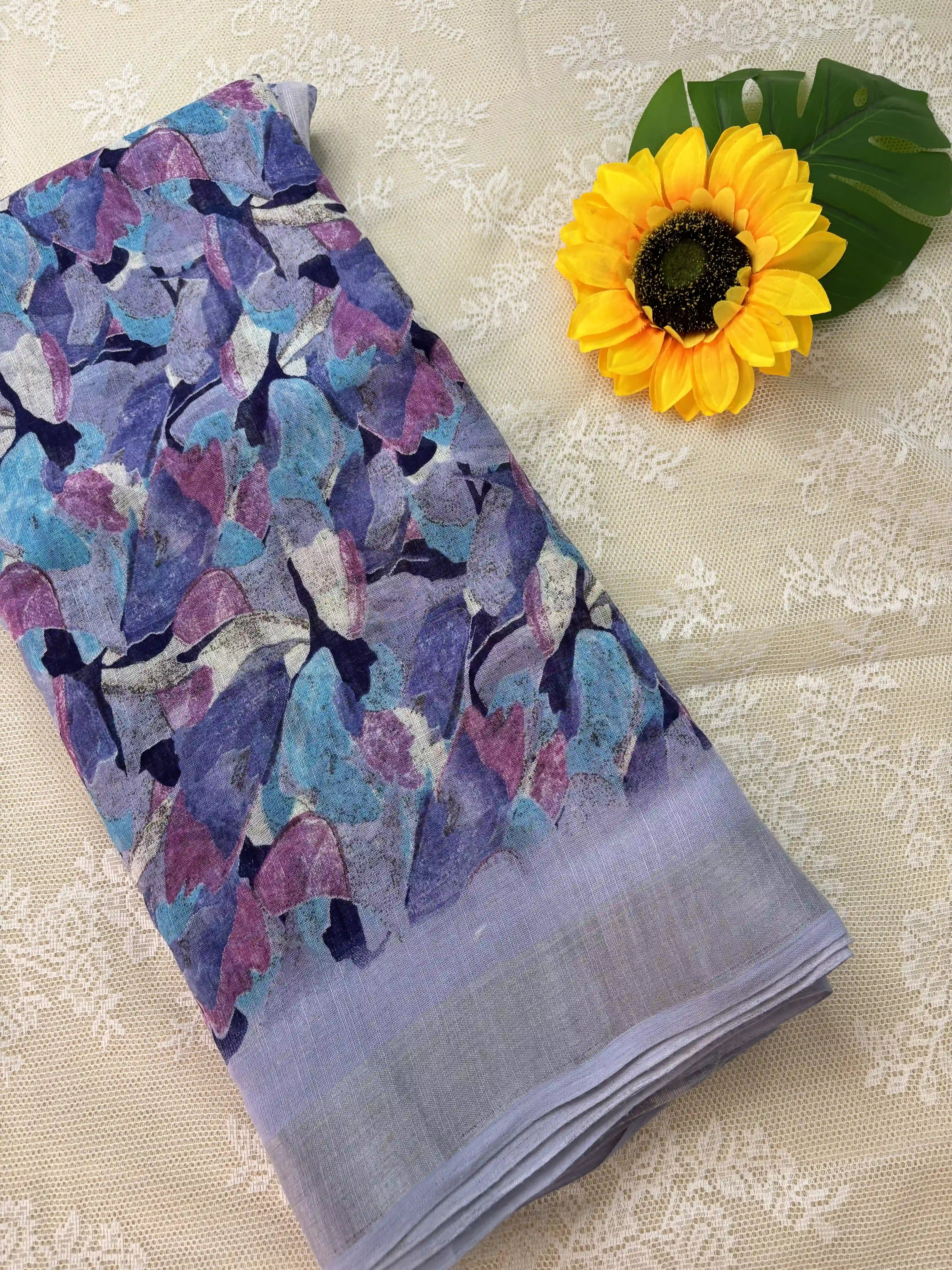 Lavendar Blue Semi Linen Cotton Floral Print Saree