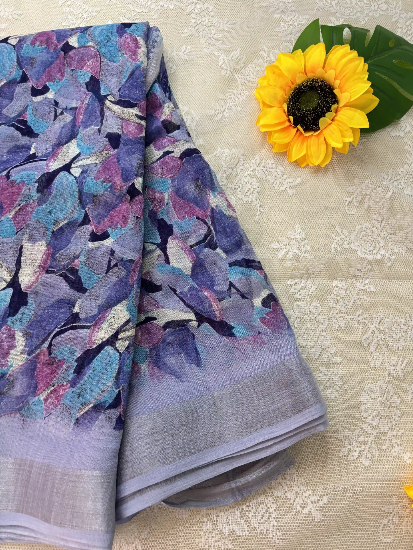 Lavendar Blue Semi Linen Cotton Floral Print Saree