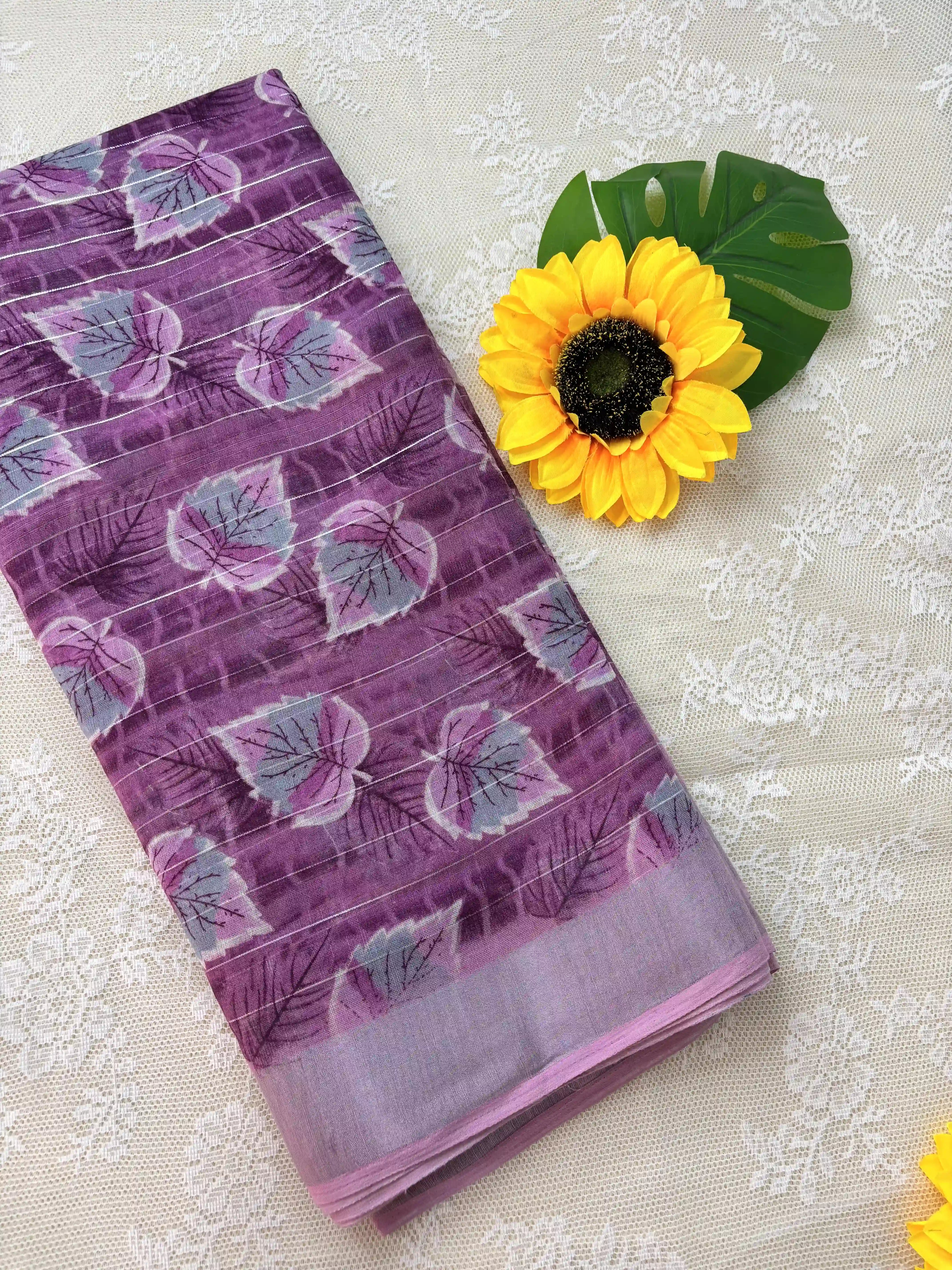 Pink digital print with stripped silver zari body semi linen cotton saree