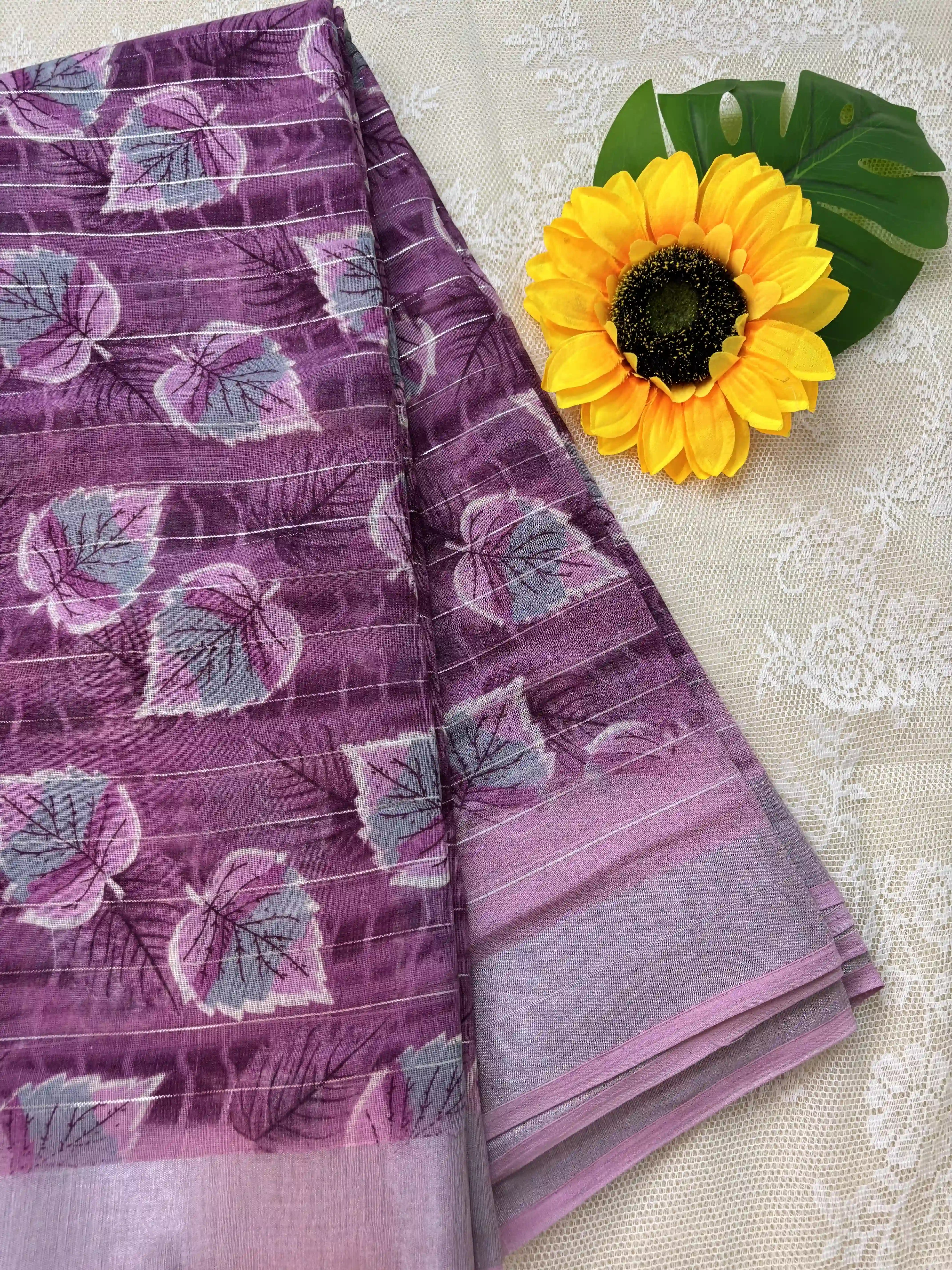 Pink digital print with stripped silver zari body semi linen cotton saree