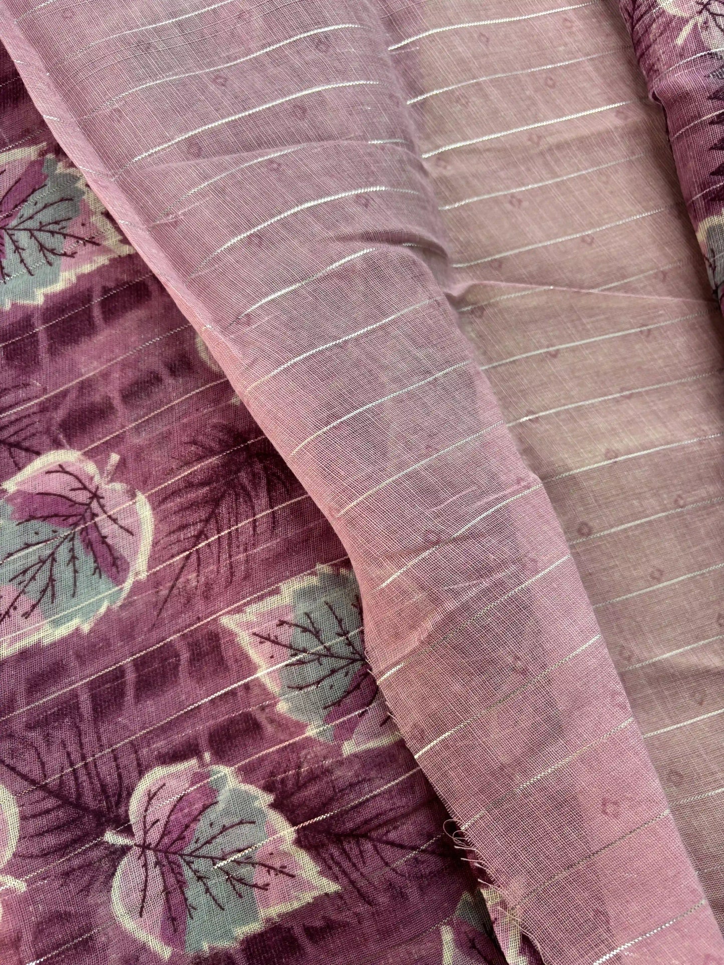 Pink digital print with stripped silver zari body semi linen cotton saree