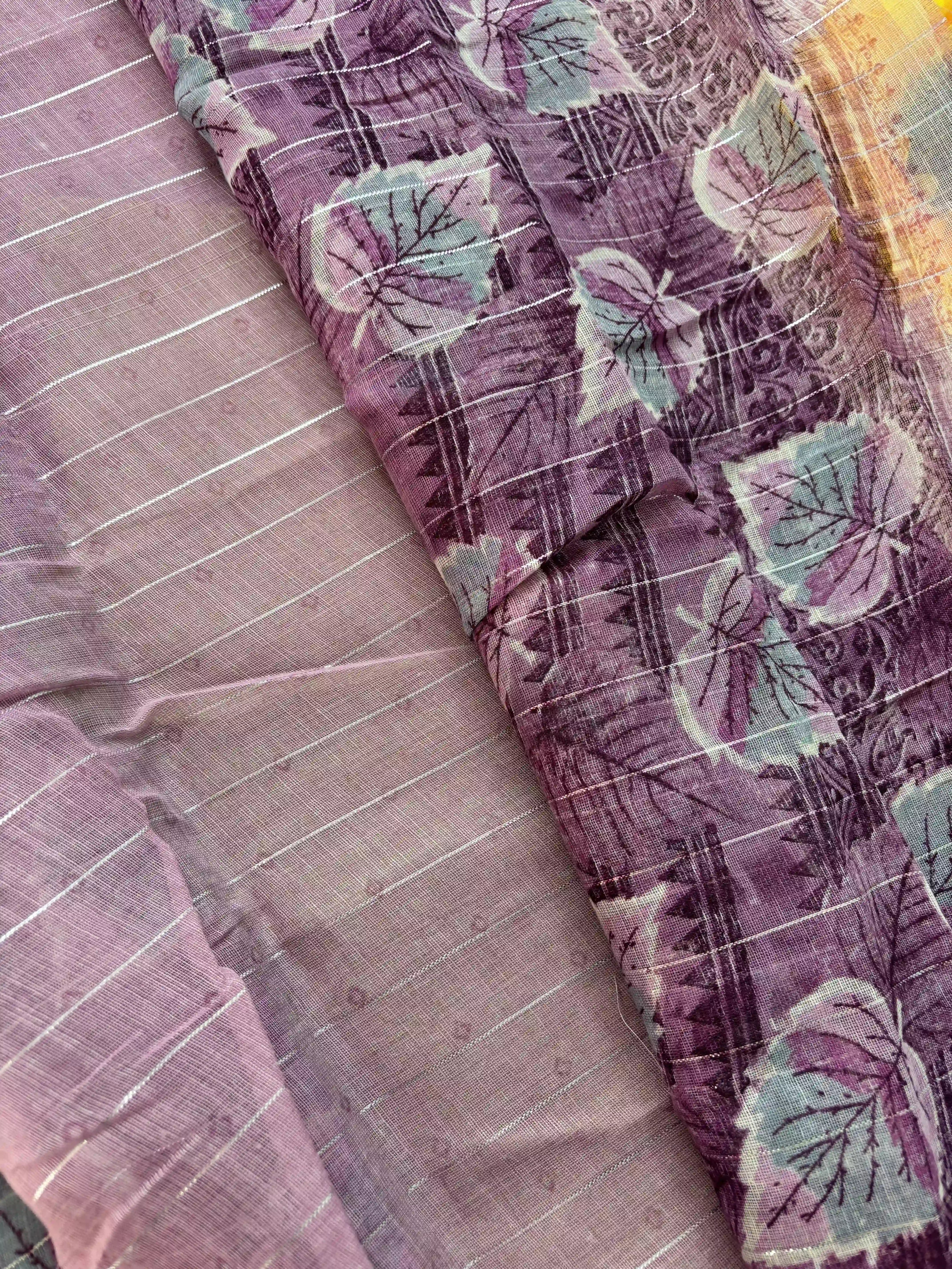 Pink digital print with stripped silver zari body semi linen cotton saree