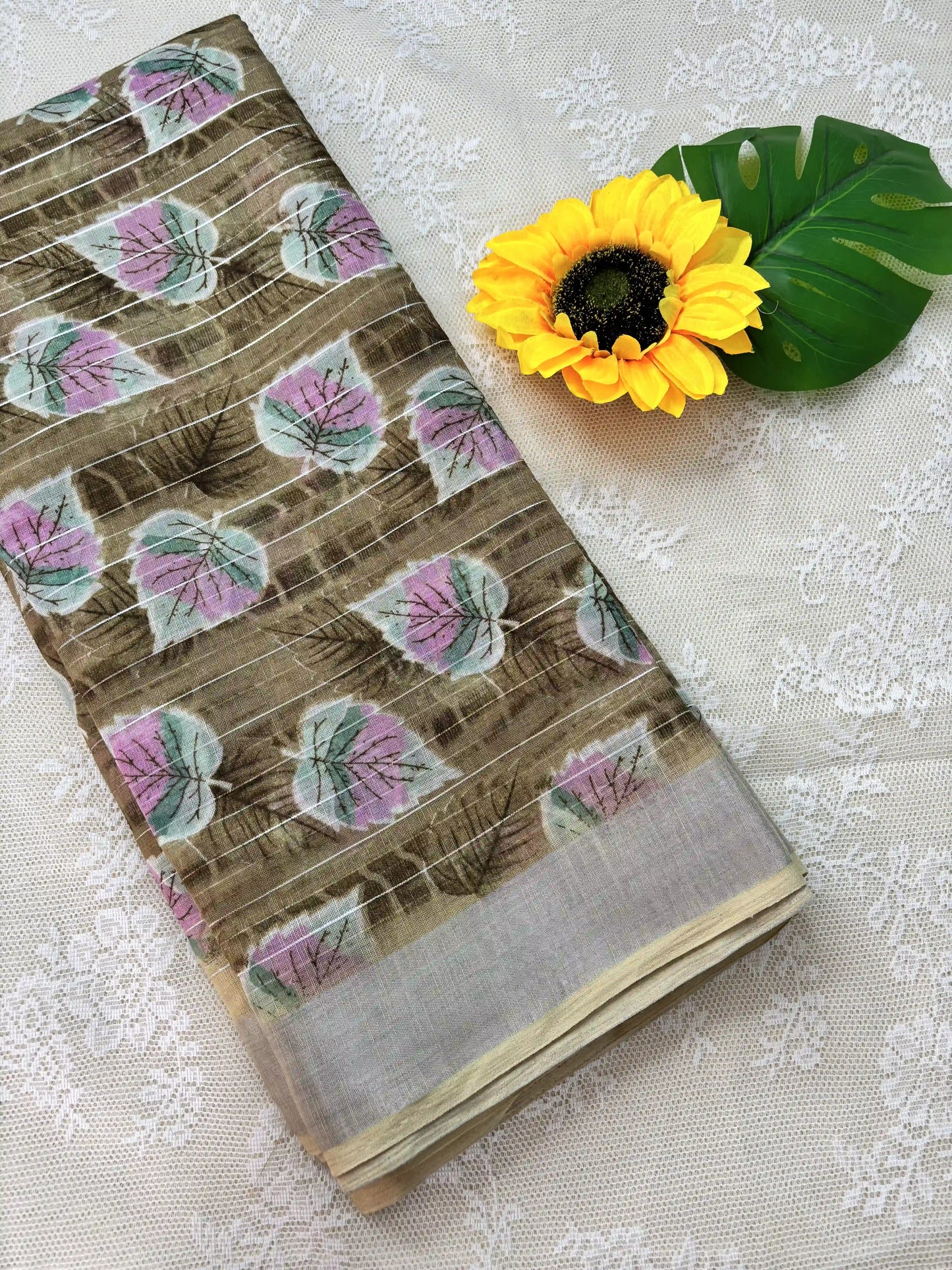 Mustard yellow digital print with stripped silver zari body semi linen cotton saree