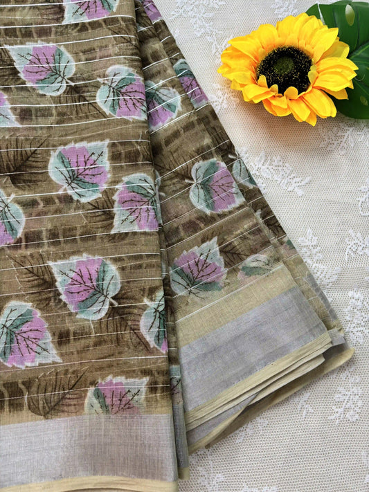 Mustard yellow digital print with stripped silver zari body semi linen cotton saree