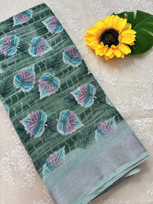 Mint green digital print with stripped silver zari body semi linen cotton saree