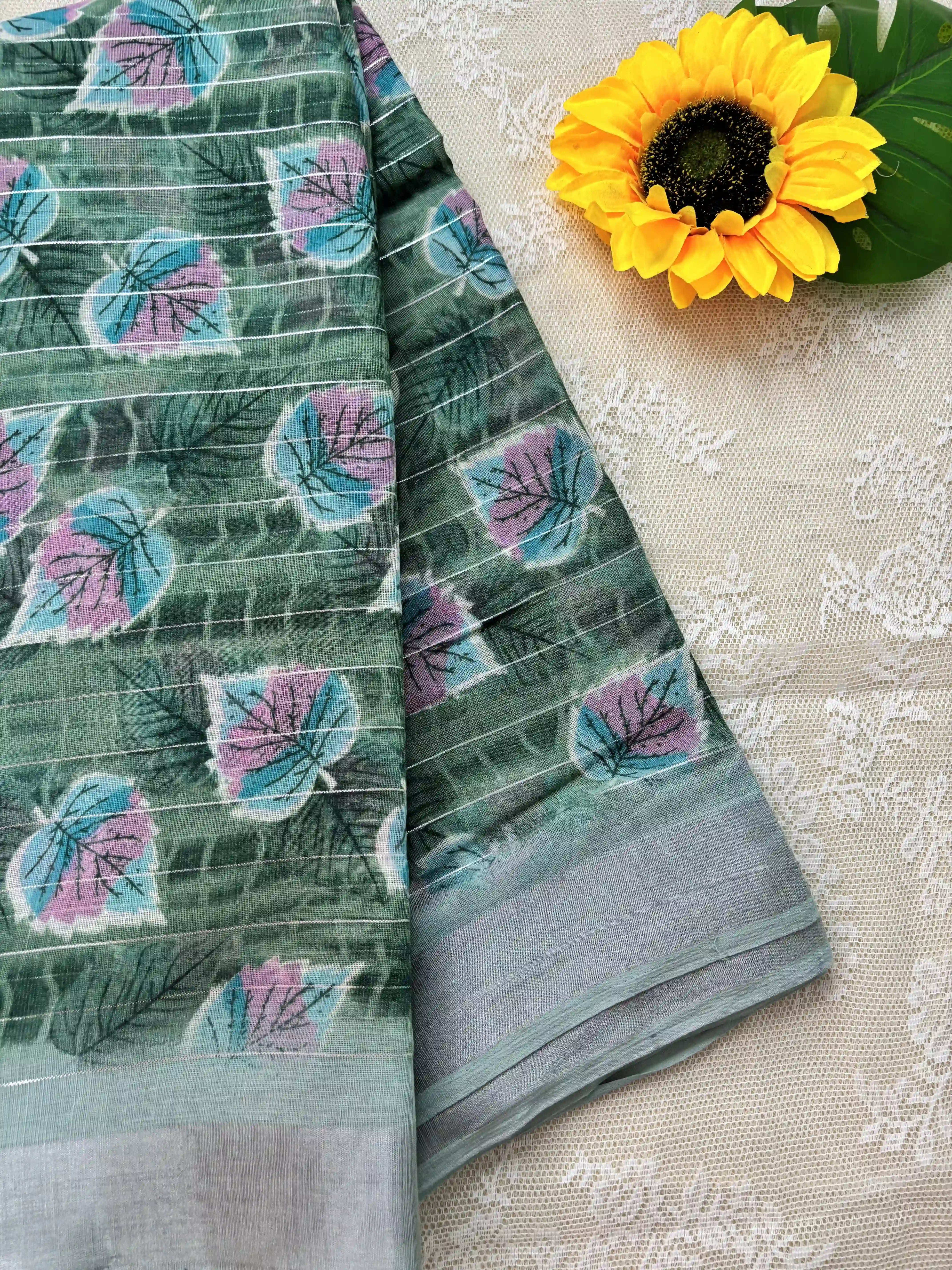 Mint green digital print with stripped silver zari body semi linen cotton saree