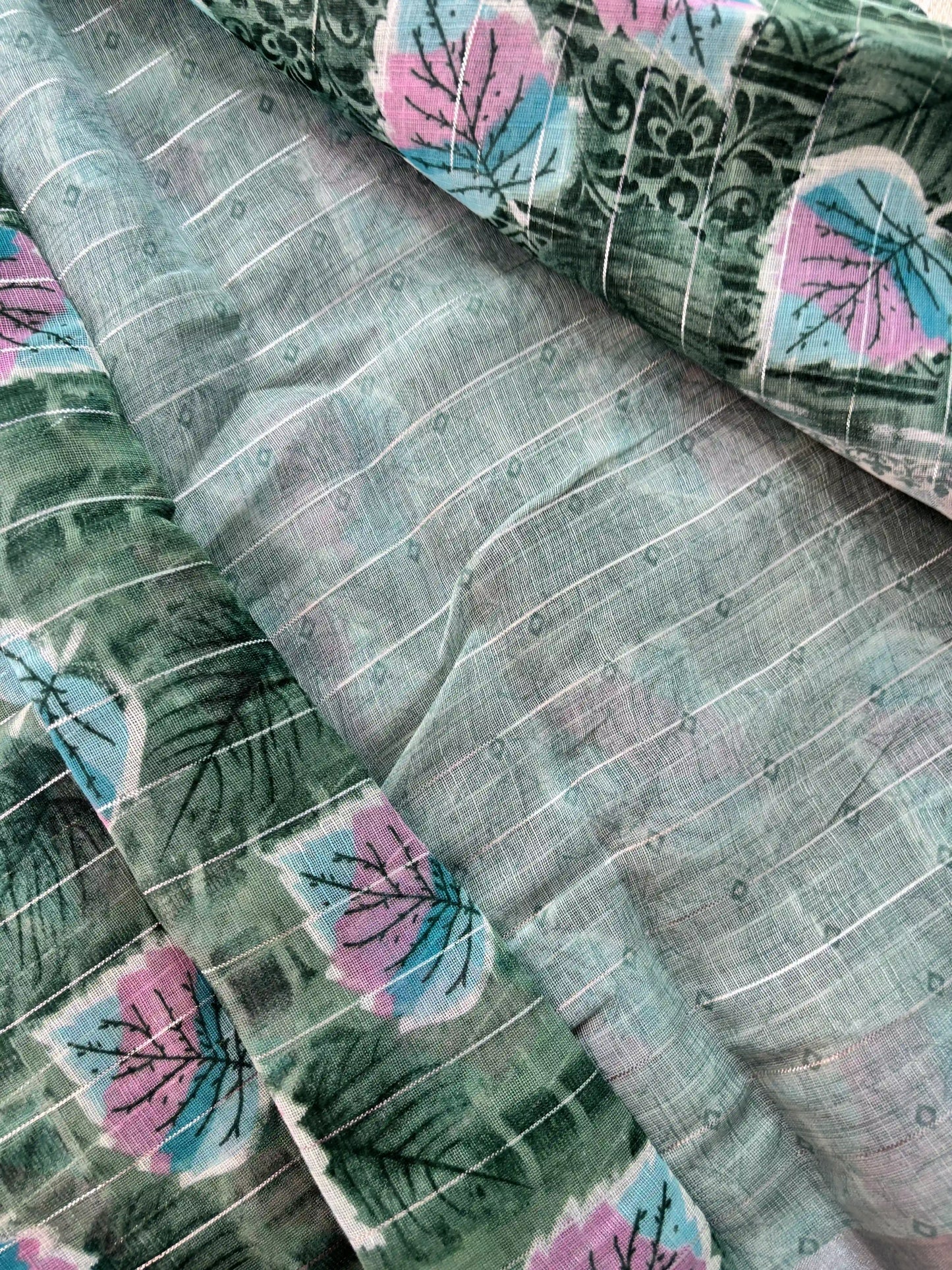 Mint green digital print with stripped silver zari body semi linen cotton saree