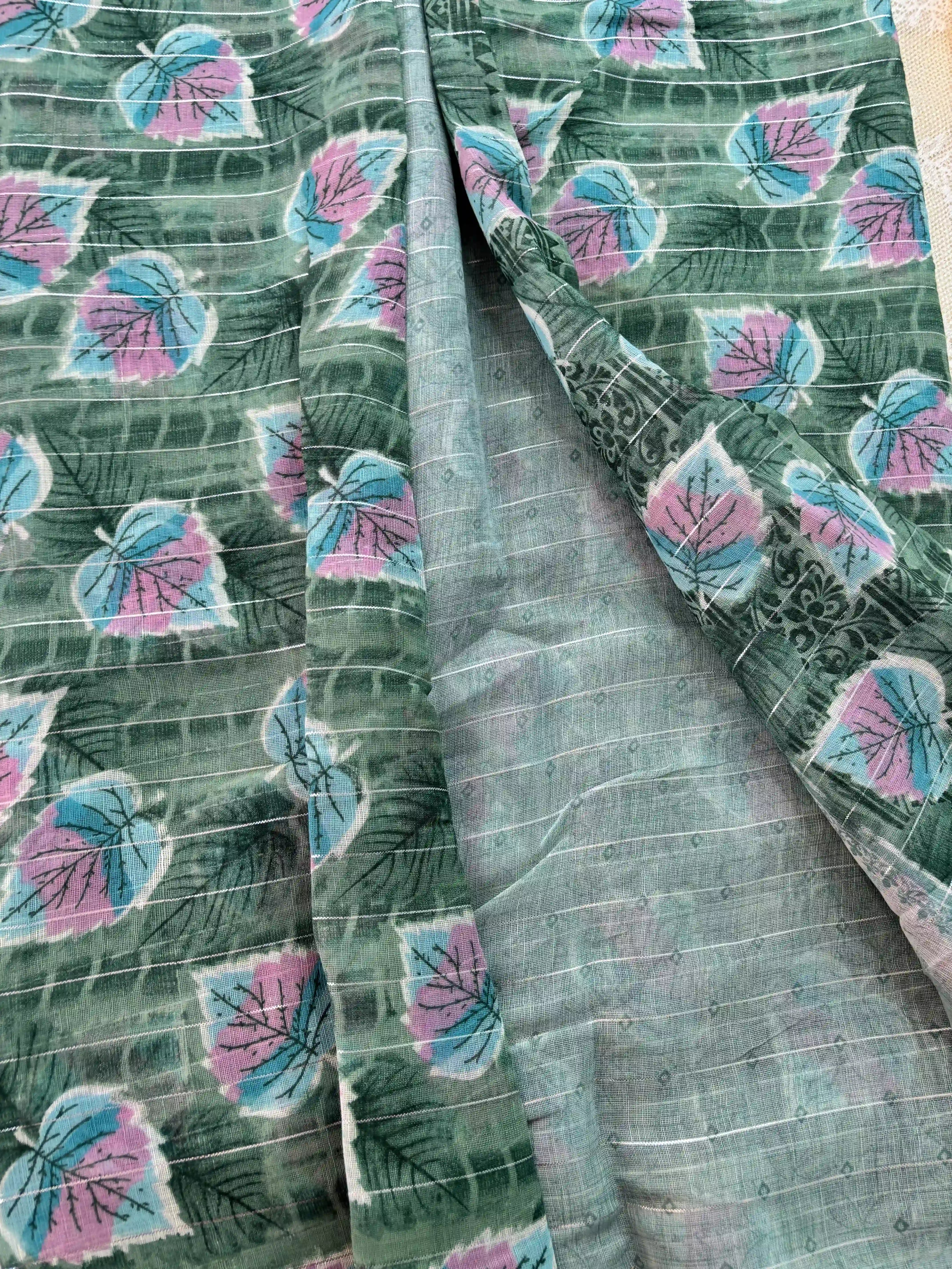 Mint green digital print with stripped silver zari body semi linen cotton saree