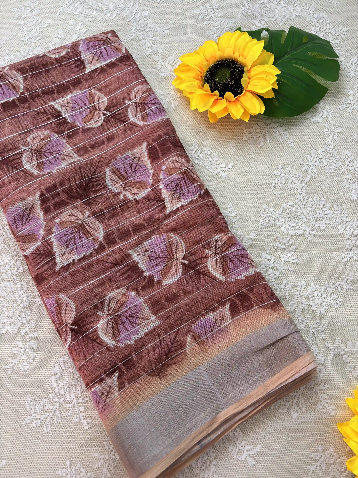 Copper orange digital print with stripped silver zari body semi linen cotton saree