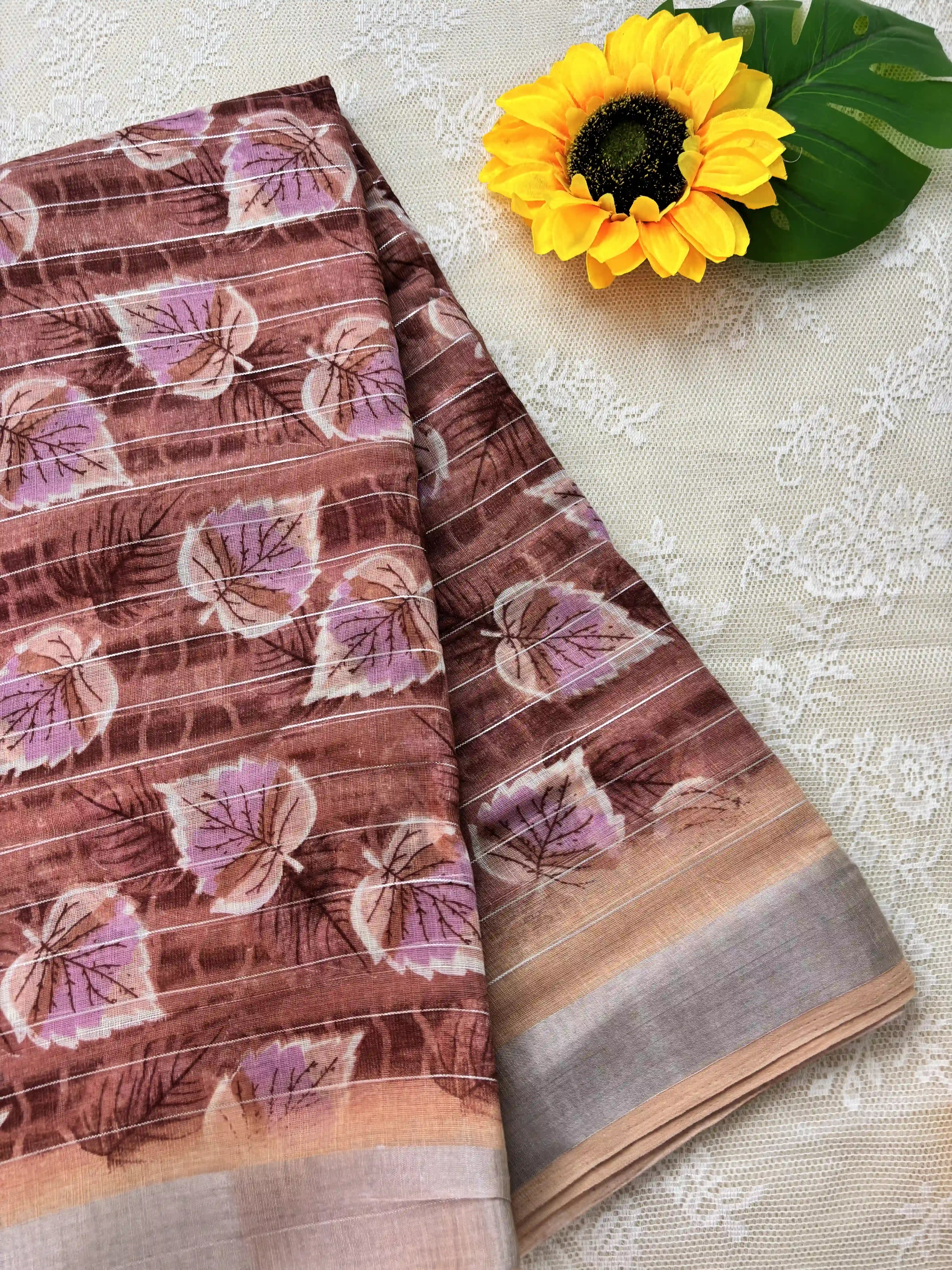 Copper orange digital print with stripped silver zari body semi linen cotton saree