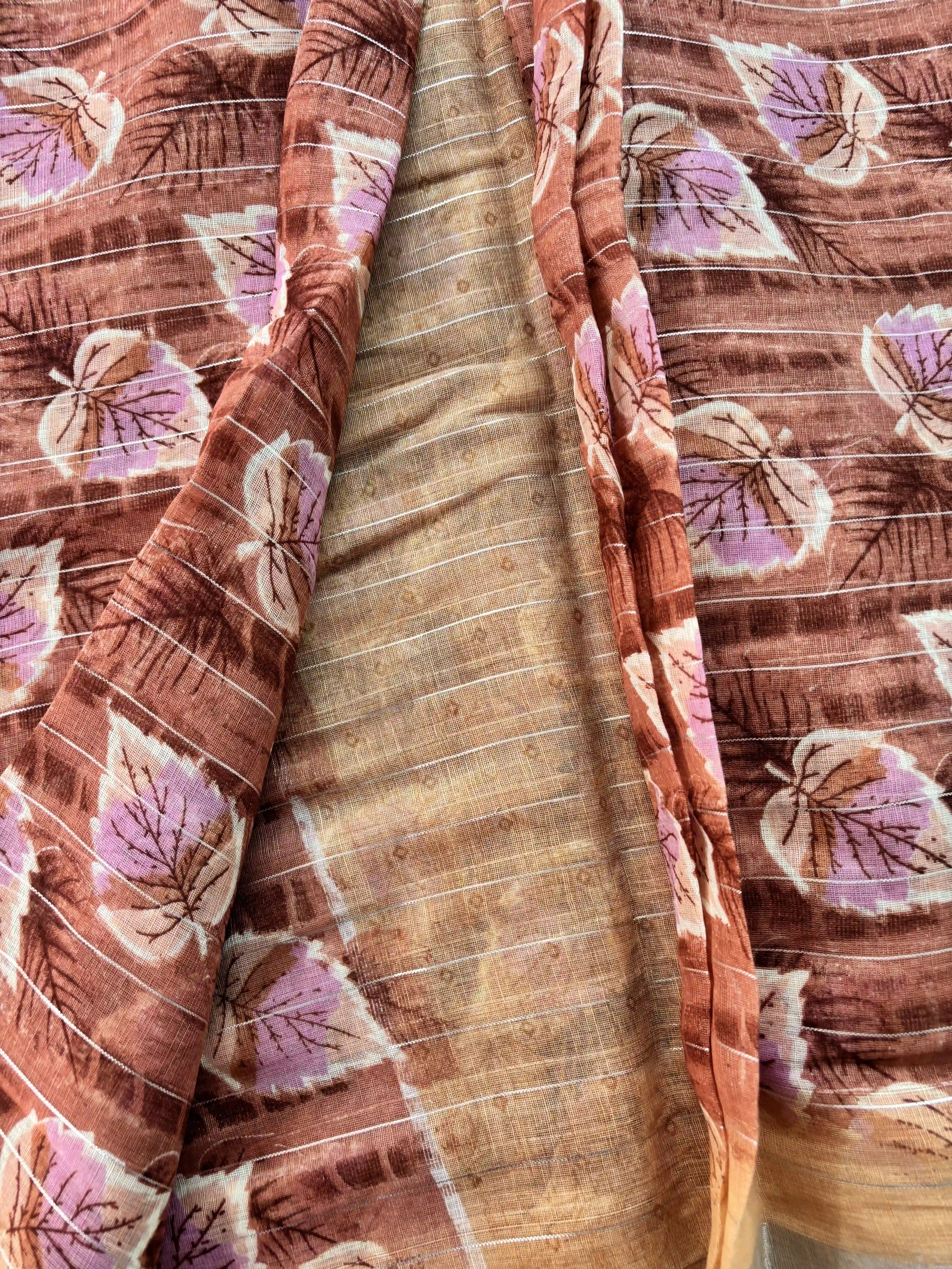 Copper orange digital print with stripped silver zari body semi linen cotton saree