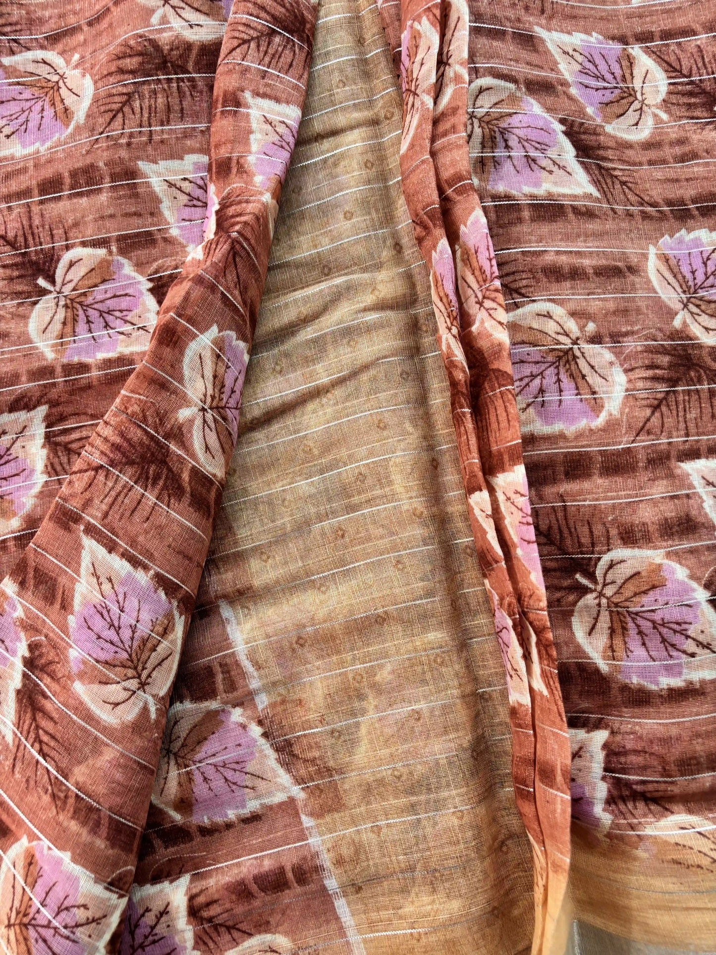 Copper orange digital print with stripped silver zari body semi linen cotton saree