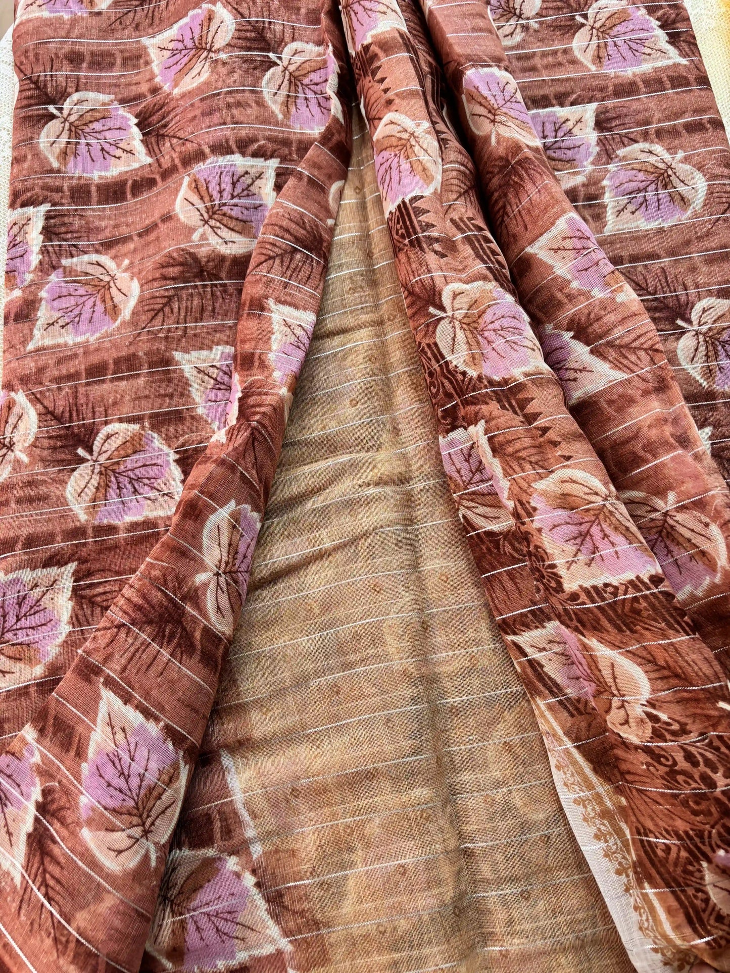 Copper orange digital print with stripped silver zari body semi linen cotton saree