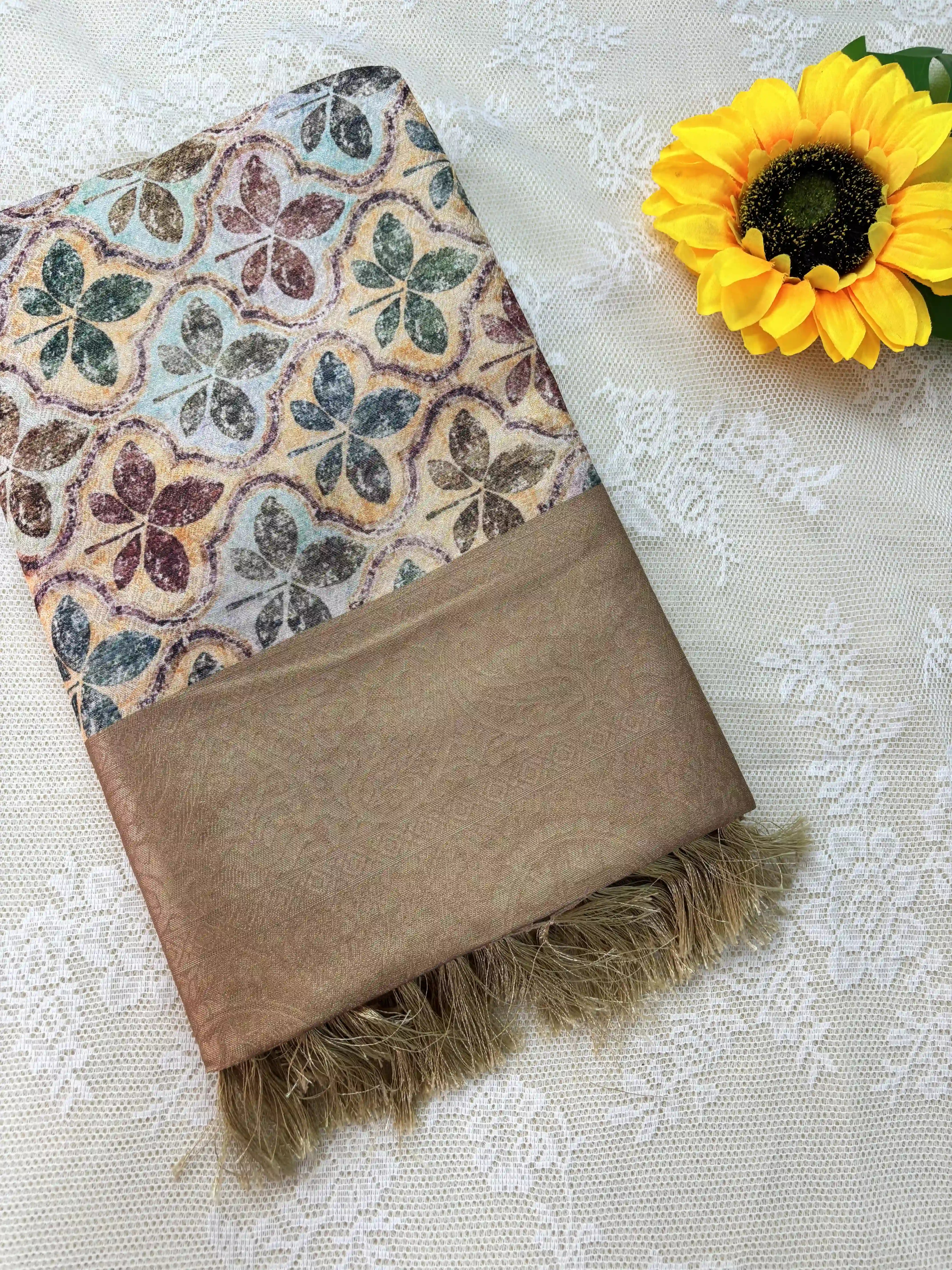 Multi Color Leaf Motif with Silk textured Body and Gold Mustard Border and Pallu