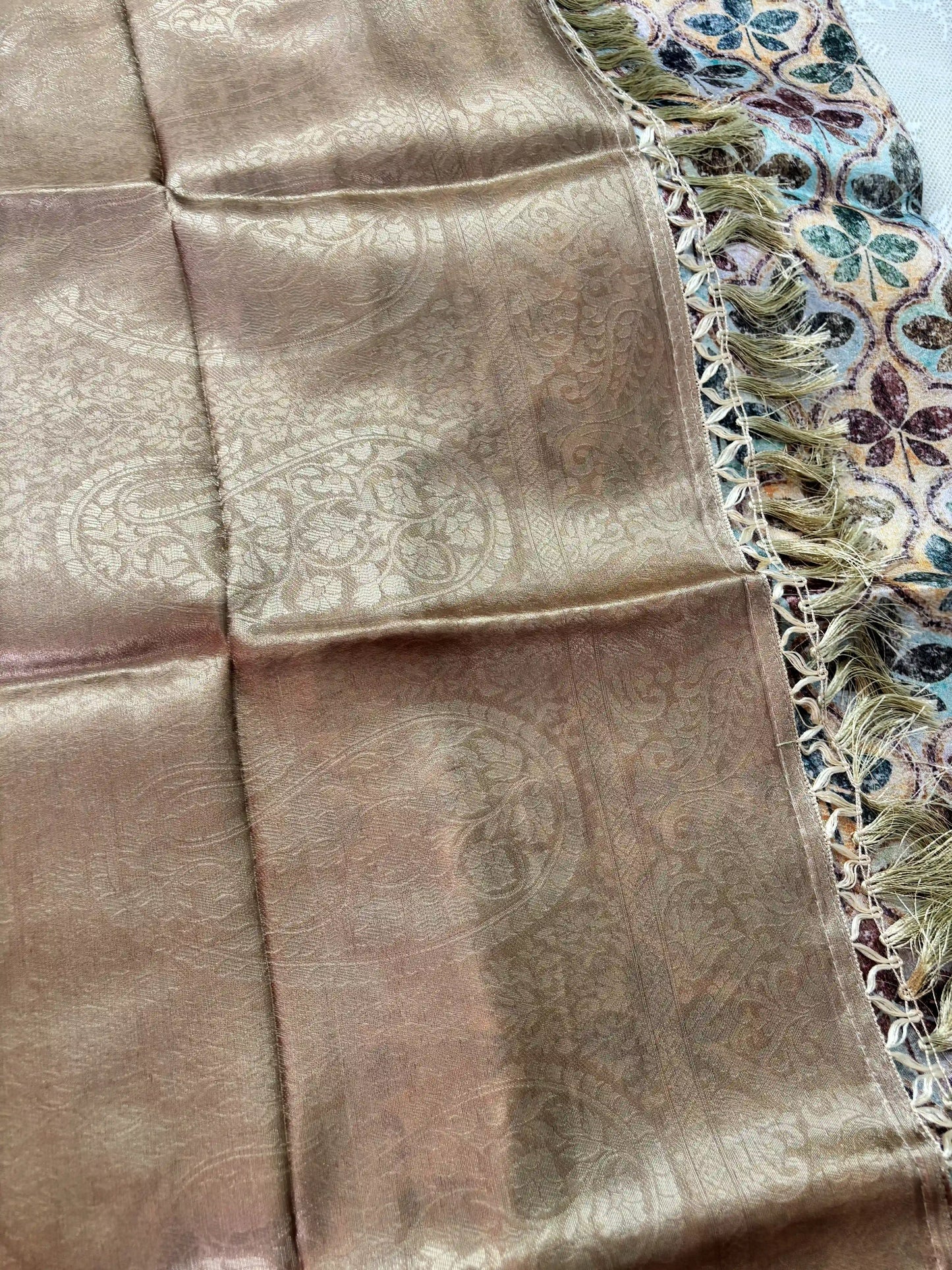 Multi Color Leaf Motif with Silk textured Body and Gold Mustard Border and Pallu