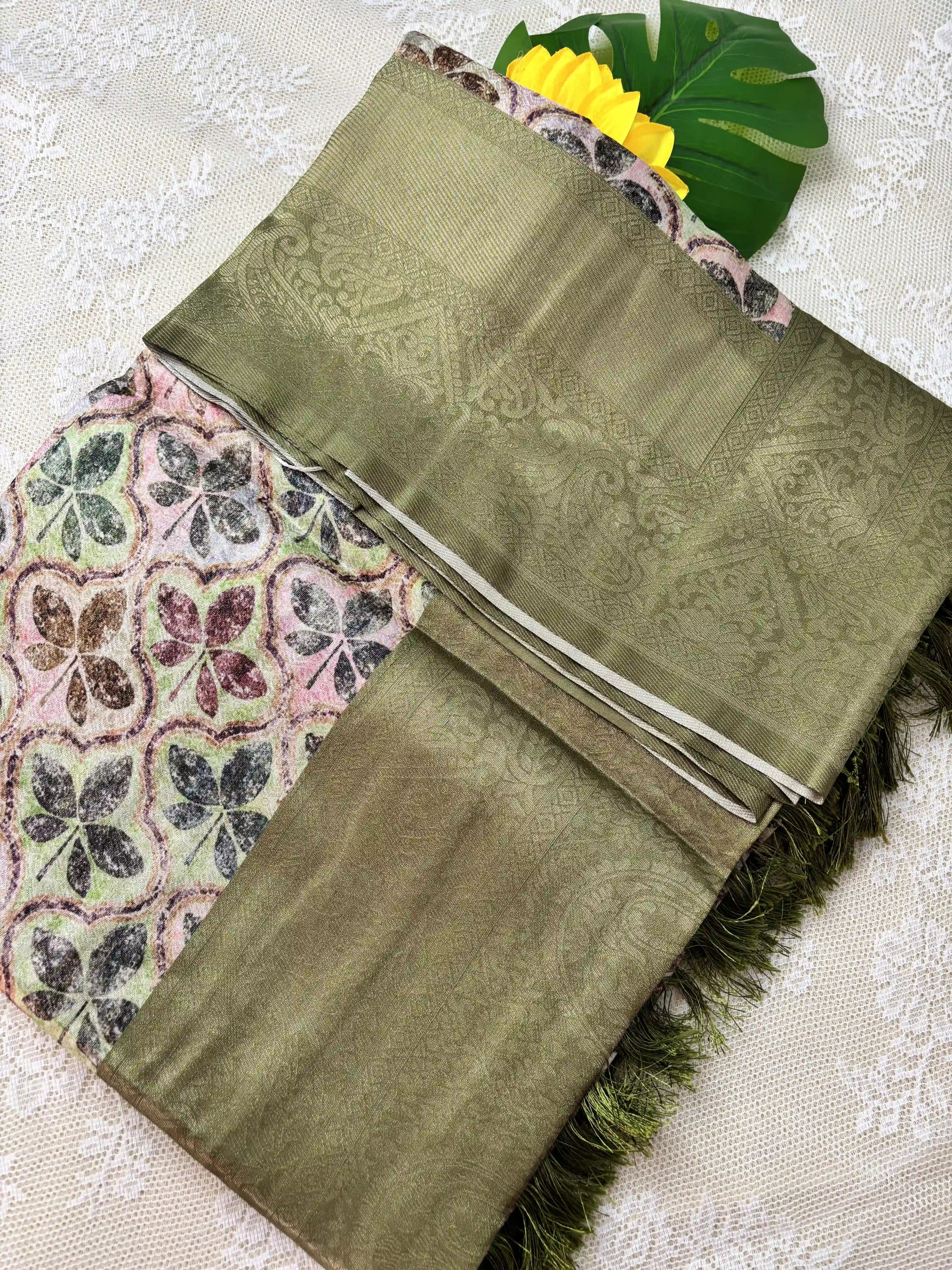 Multi Color Leaf Motif with Silk textured Body and Rich Green Border and Pallu