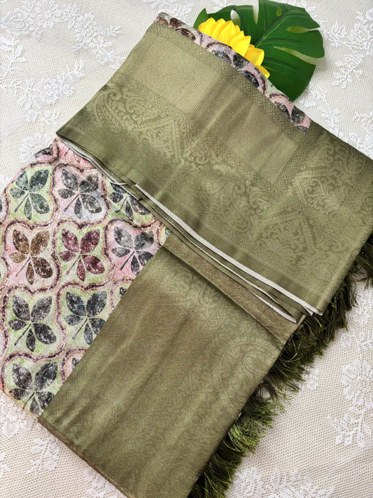 Multi Color Leaf Motif with Silk textured Body and Rich Green Border and Pallu