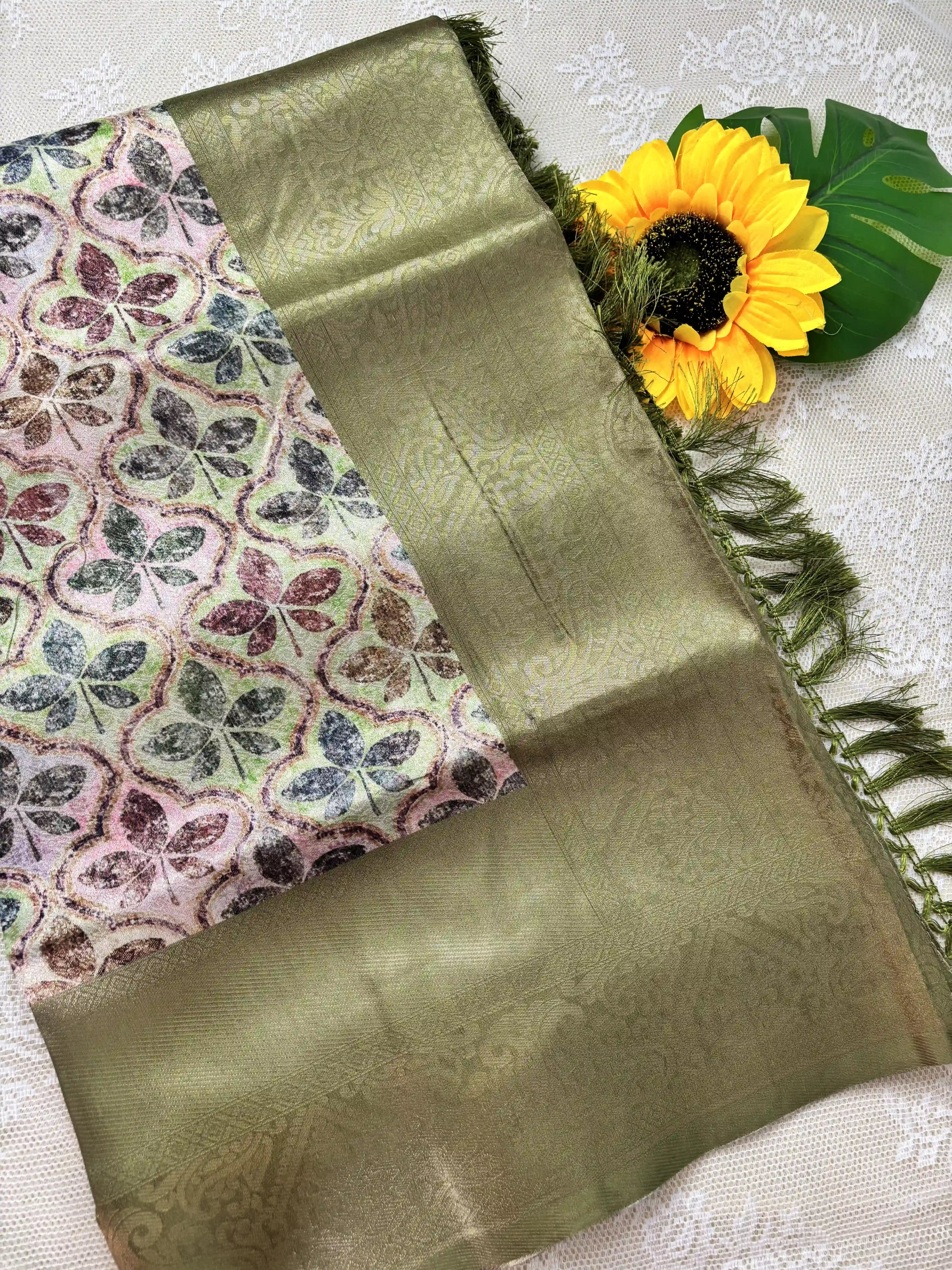 Multi Color Leaf Motif with Silk textured Body and Rich Green Border and Pallu