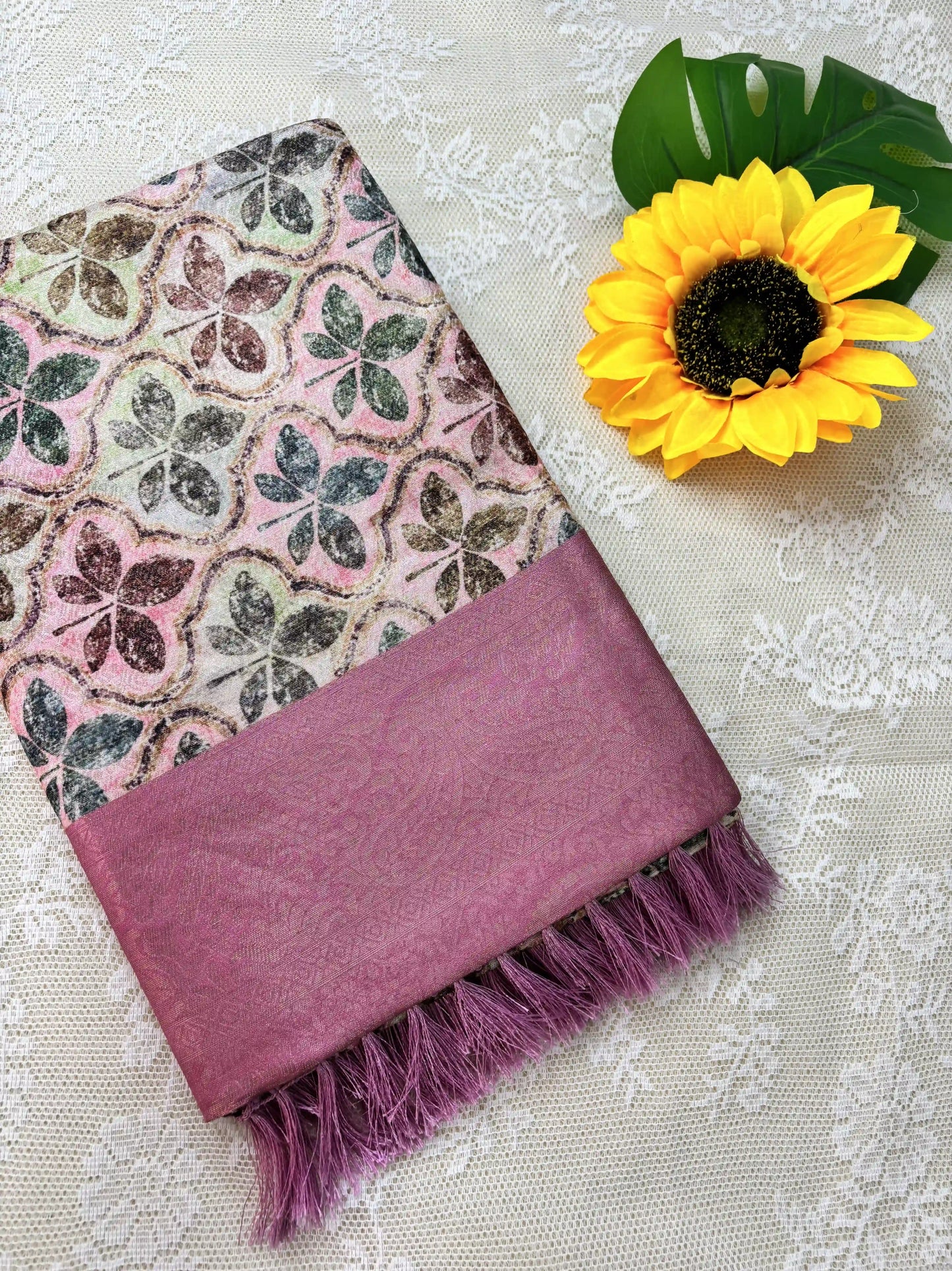 Multi Color Leaf Motif with Silk textured Body and Rich Pink Border and Pallu