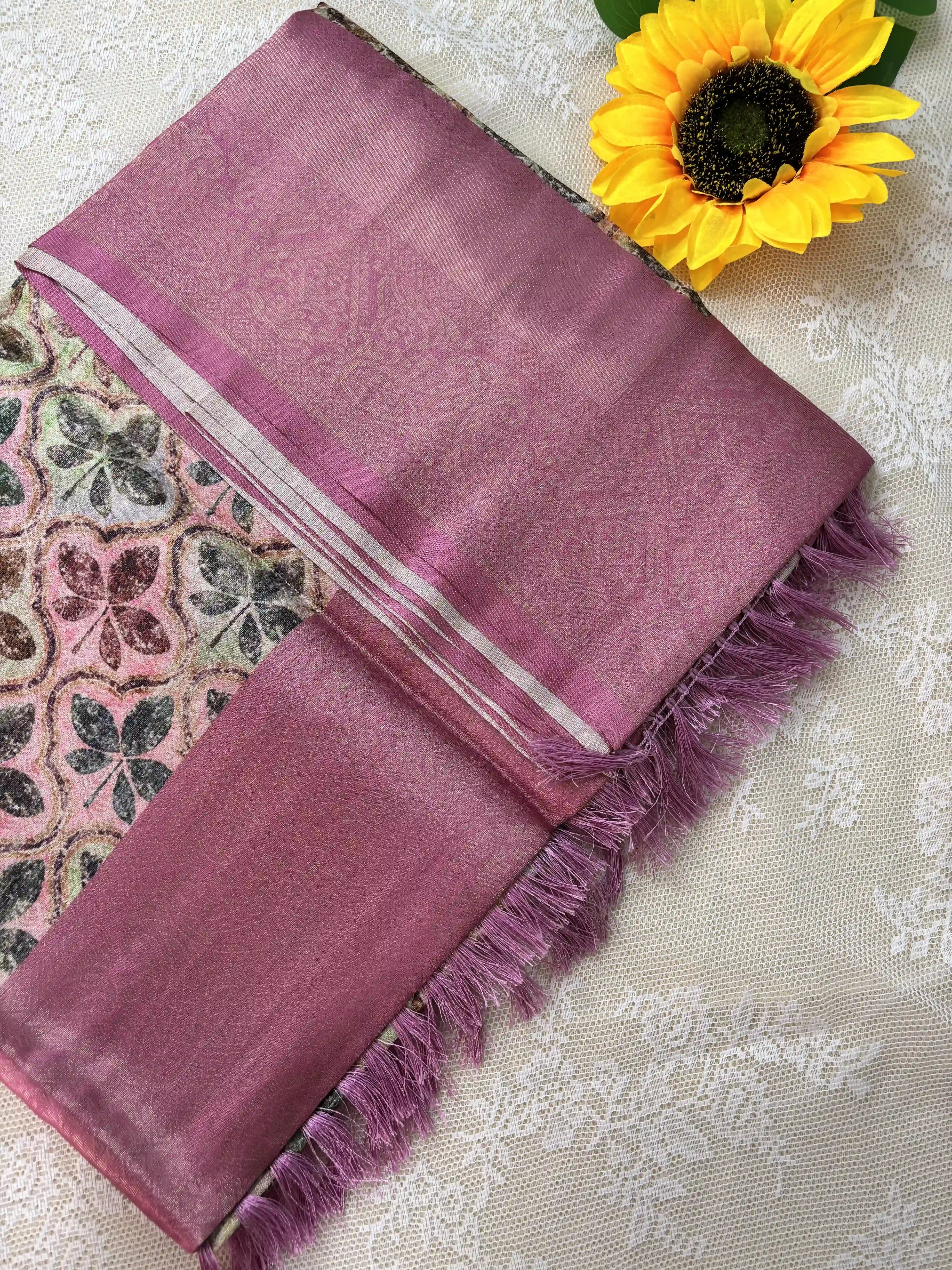 Multi Color Leaf Motif with Silk textured Body and Rich Pink Border and Pallu