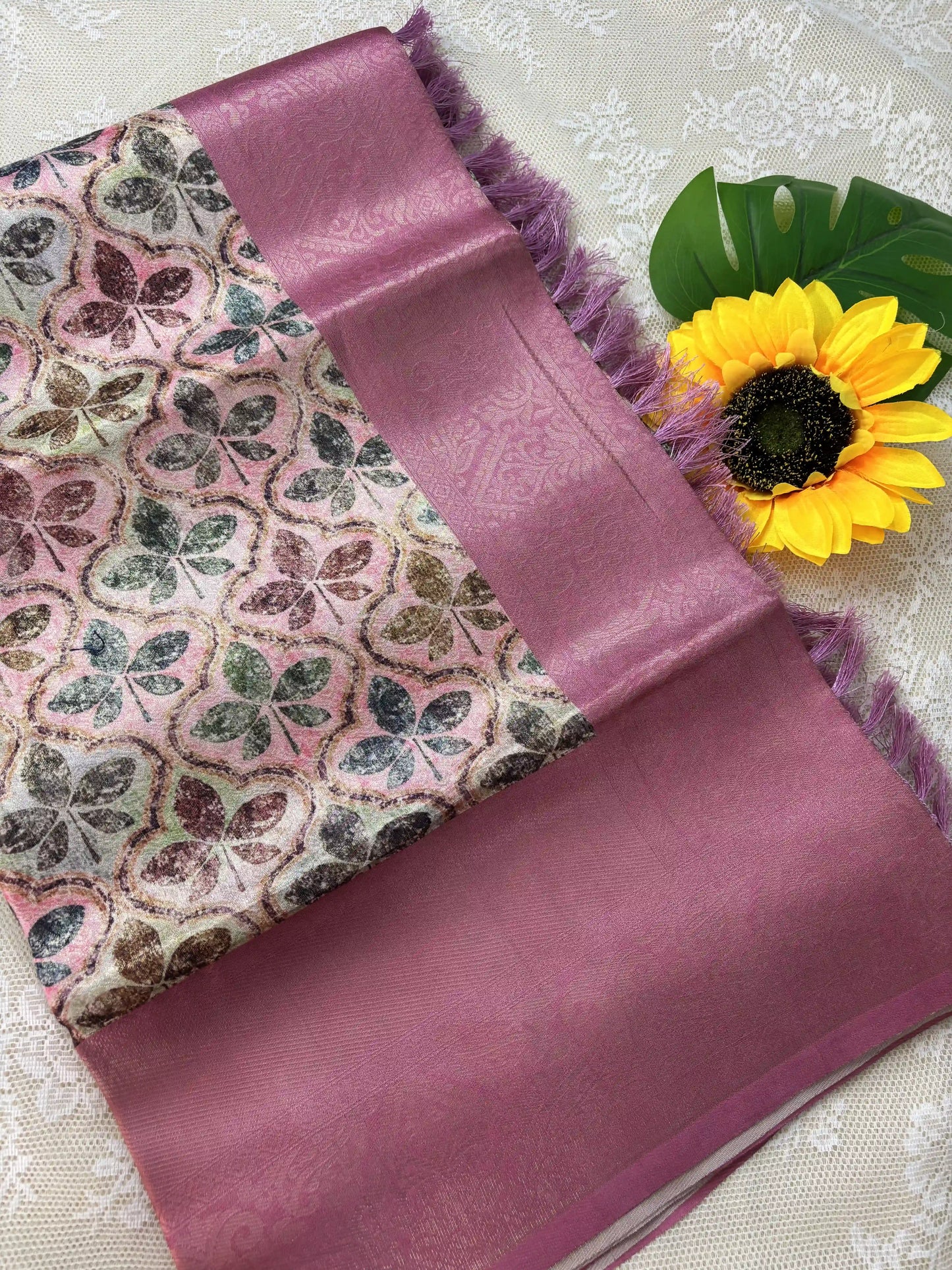 Multi Color Leaf Motif with Silk textured Body and Rich Pink Border and Pallu