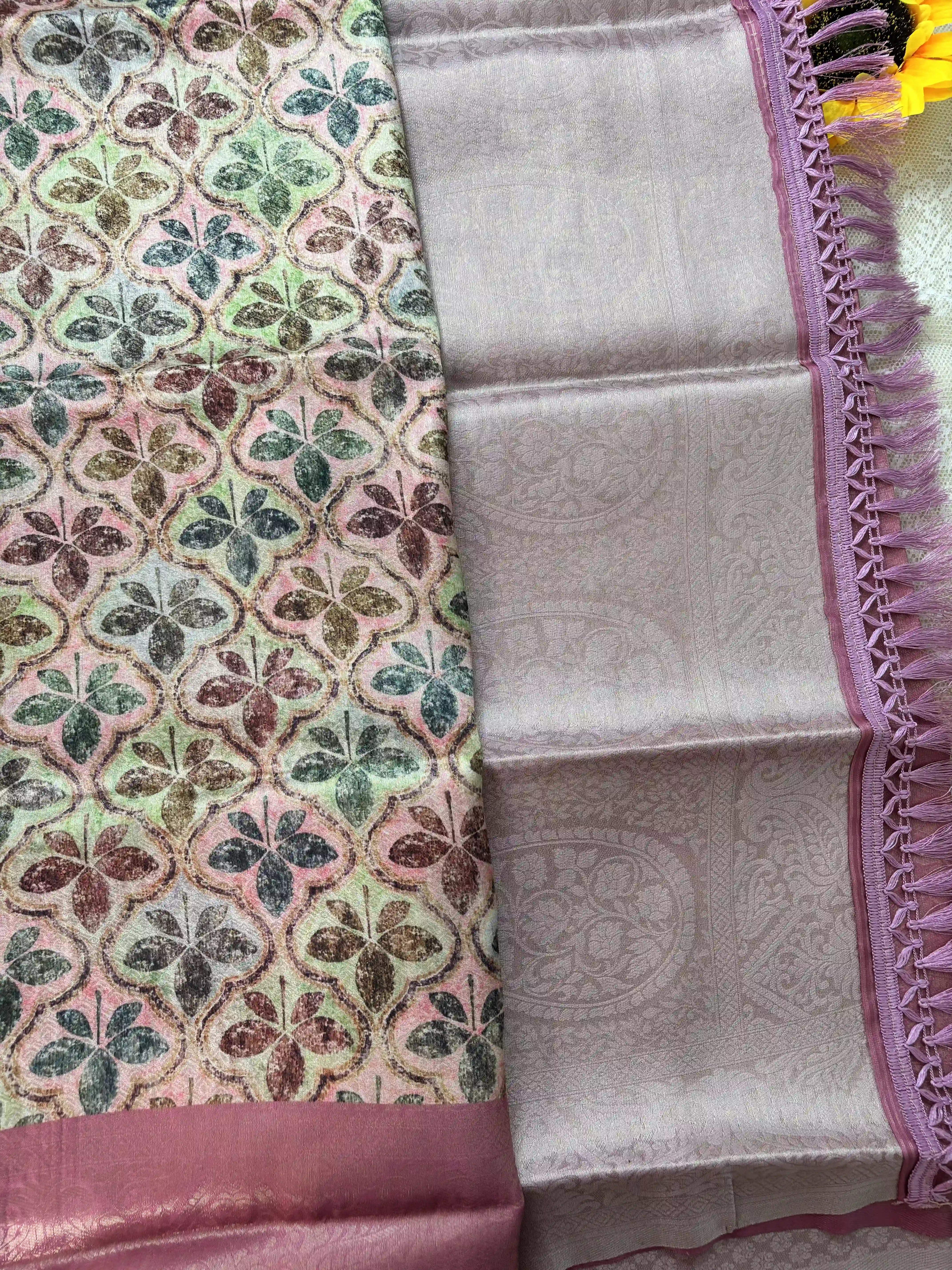 Multi Color Leaf Motif with Silk textured Body and Rich Pink Border and Pallu