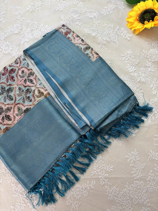 Multi Color Leaf Motif with Silk textured Body and Rich Teal Blue Border and Pallu