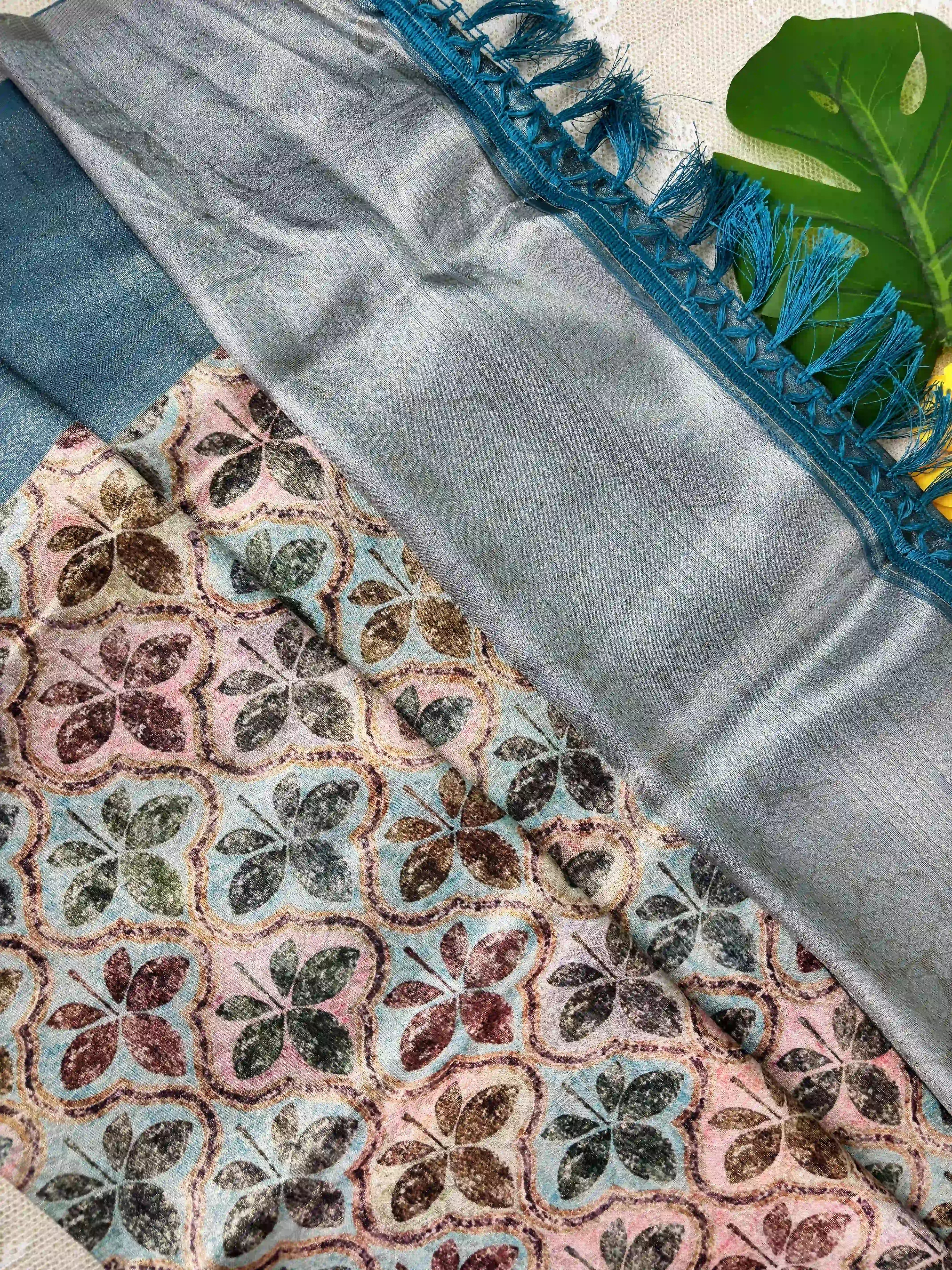 Multi Color Leaf Motif with Silk textured Body and Rich Teal Blue Border and Pallu