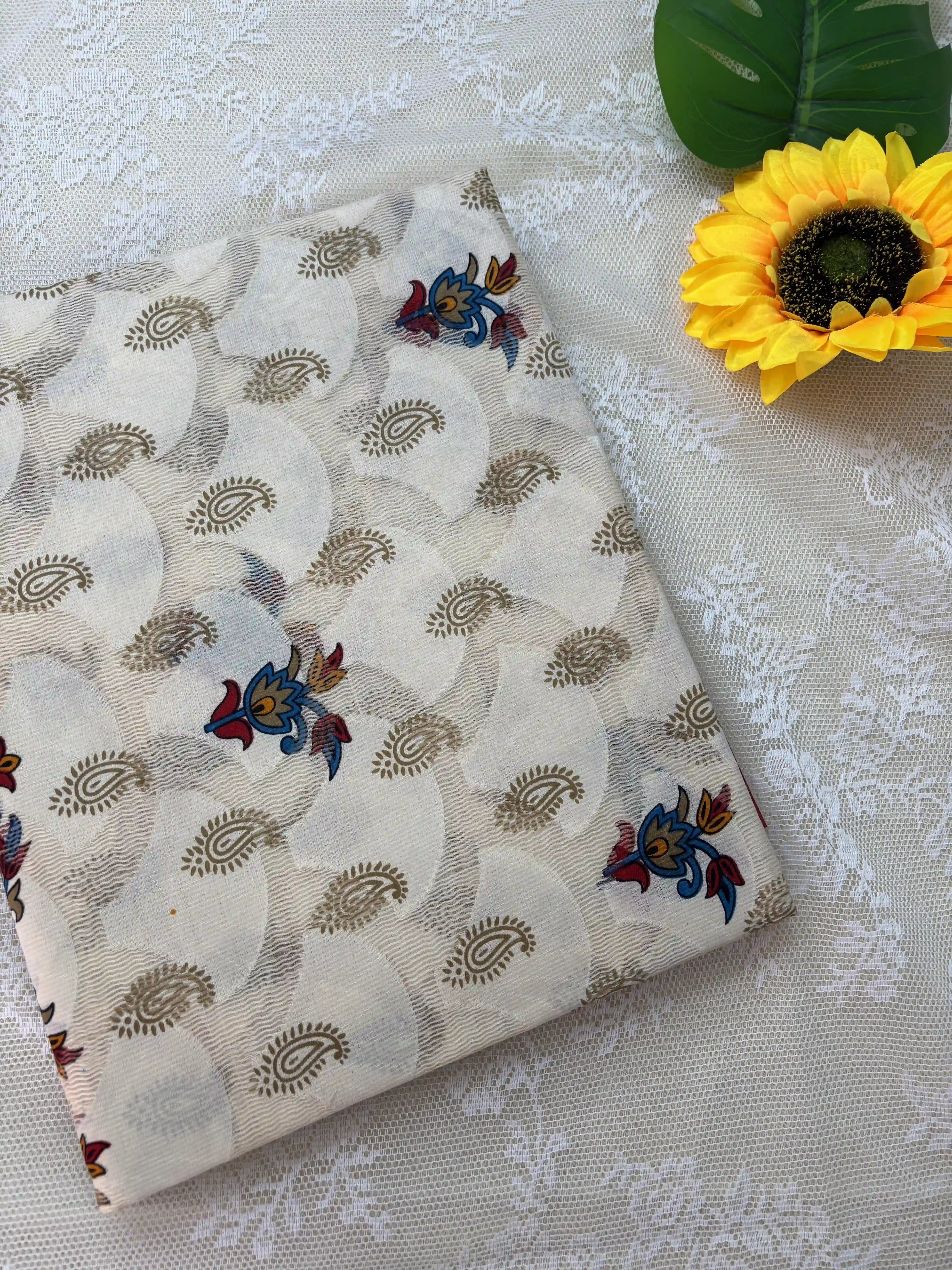 White Netted Cotton Saree with Red, Blue and Yellow Kalamkari Print, Netted Butta and Red Border and Pallu