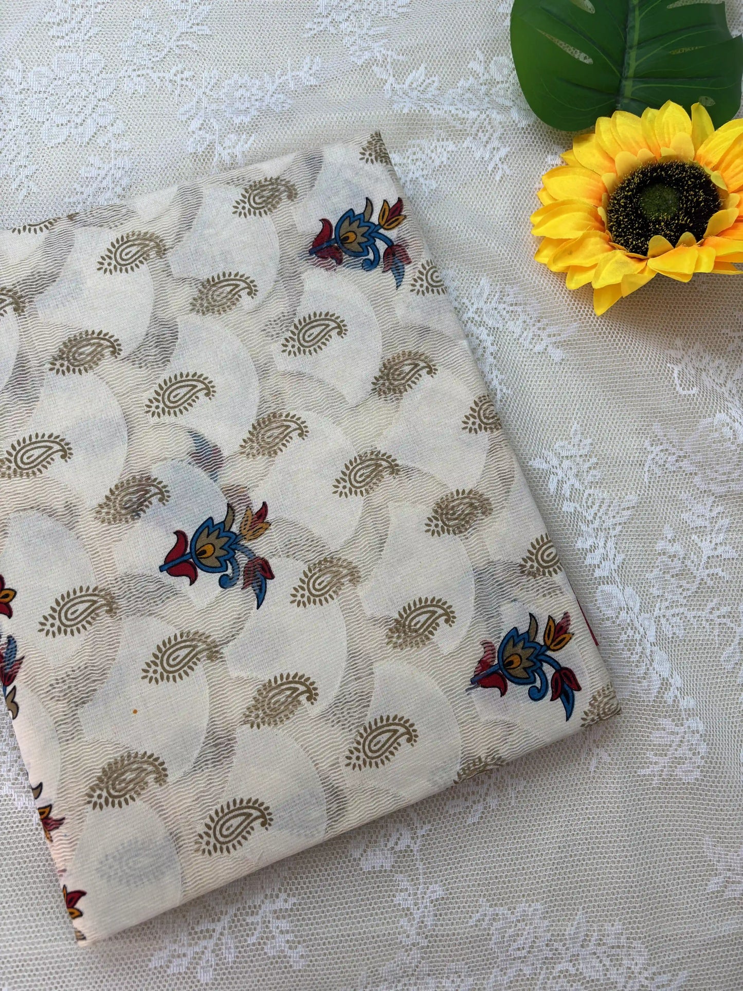 White Netted Cotton Saree with Red, Blue and Yellow Kalamkari Print, Netted Butta and Red Border and Pallu