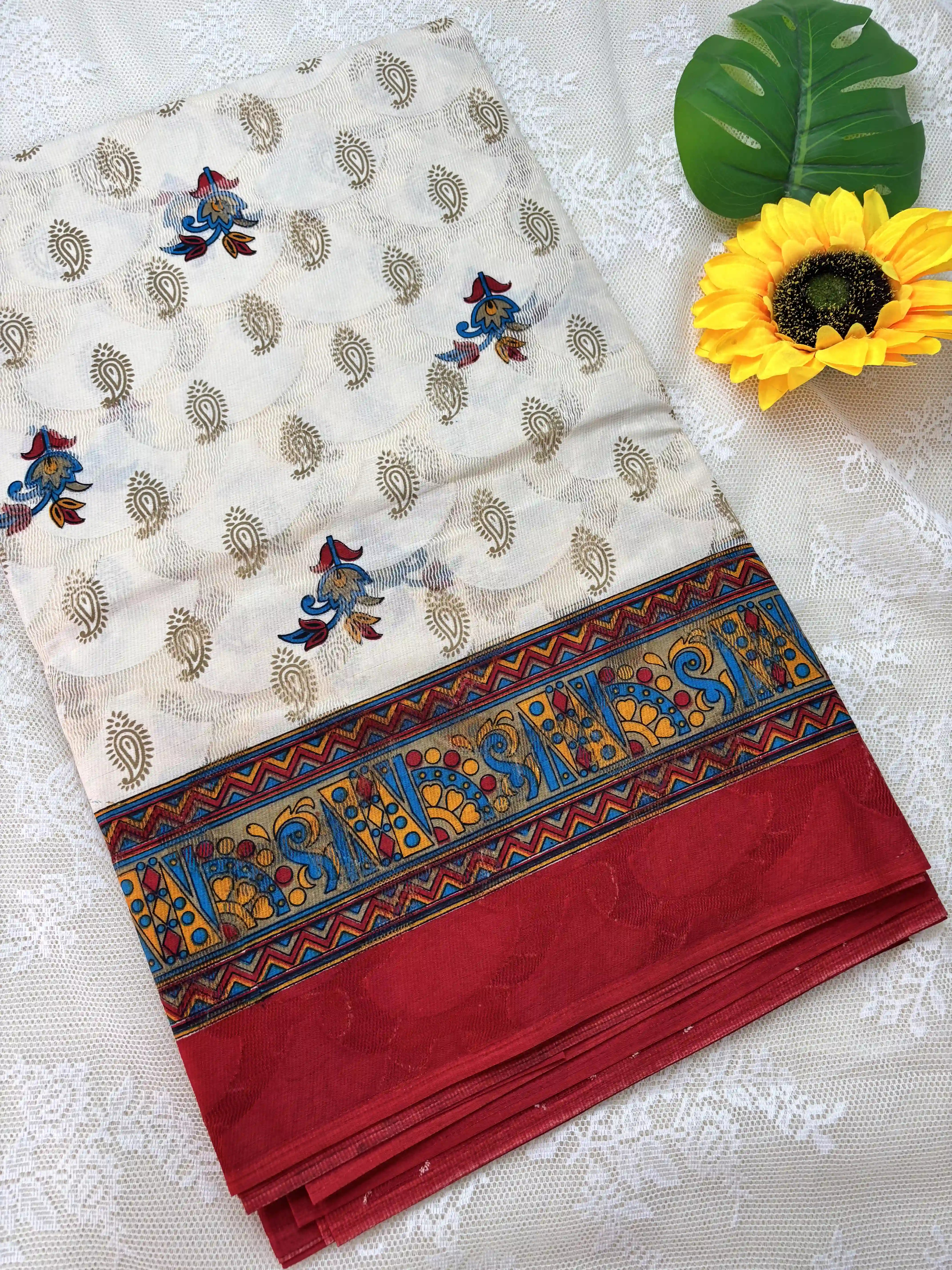White Netted Cotton Saree with Red, Blue and Yellow Kalamkari Print, Netted Butta and Red Border and Pallu