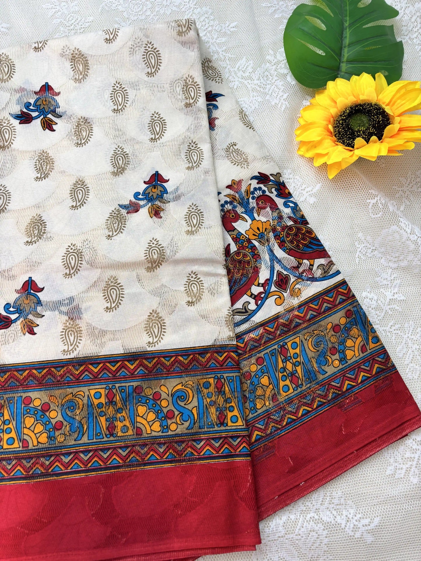 White Netted Cotton Saree with Red, Blue and Yellow Kalamkari Print, Netted Butta and Red Border and Pallu