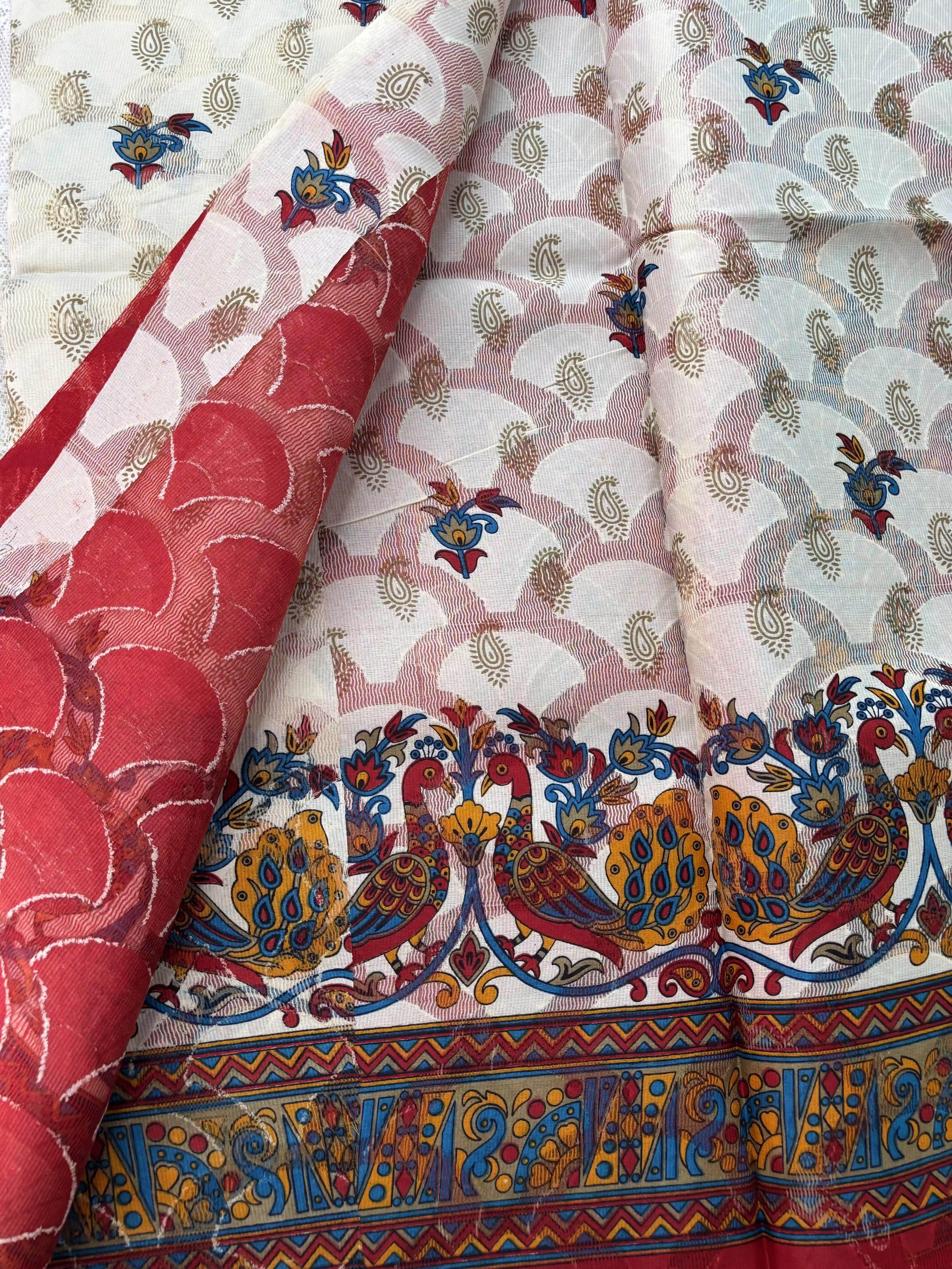 White Netted Cotton Saree with Red, Blue and Yellow Kalamkari Print, Netted Butta and Red Border and Pallu