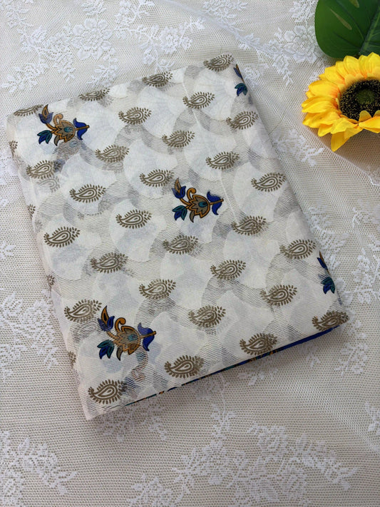 White Netted Cotton Saree with Red, Blue and Yellow Kalamkari Print, Netted Butta and Blue Border and Pallu