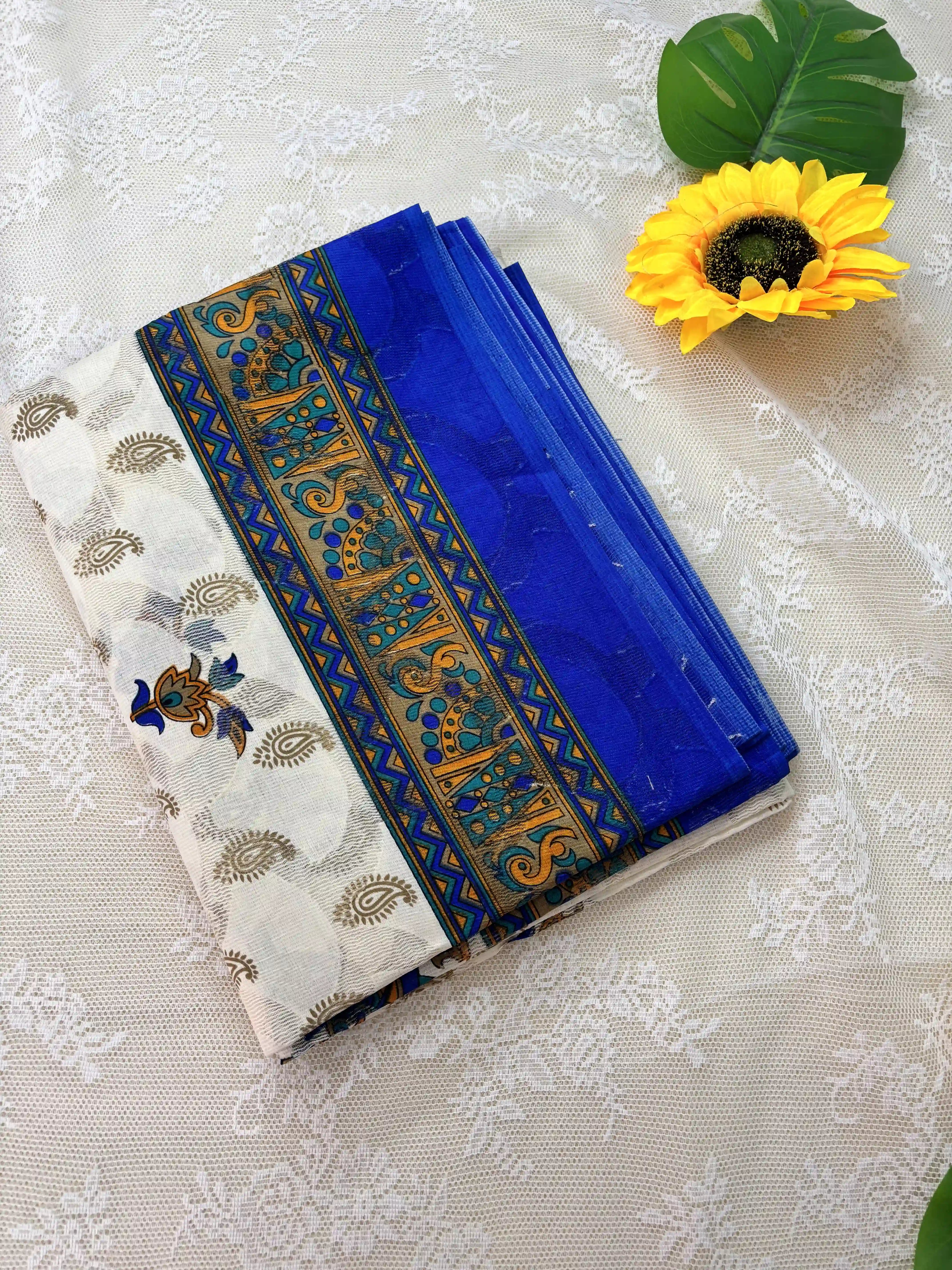 White Netted Cotton Saree with Red, Blue and Yellow Kalamkari Print, Netted Butta and Blue Border and Pallu