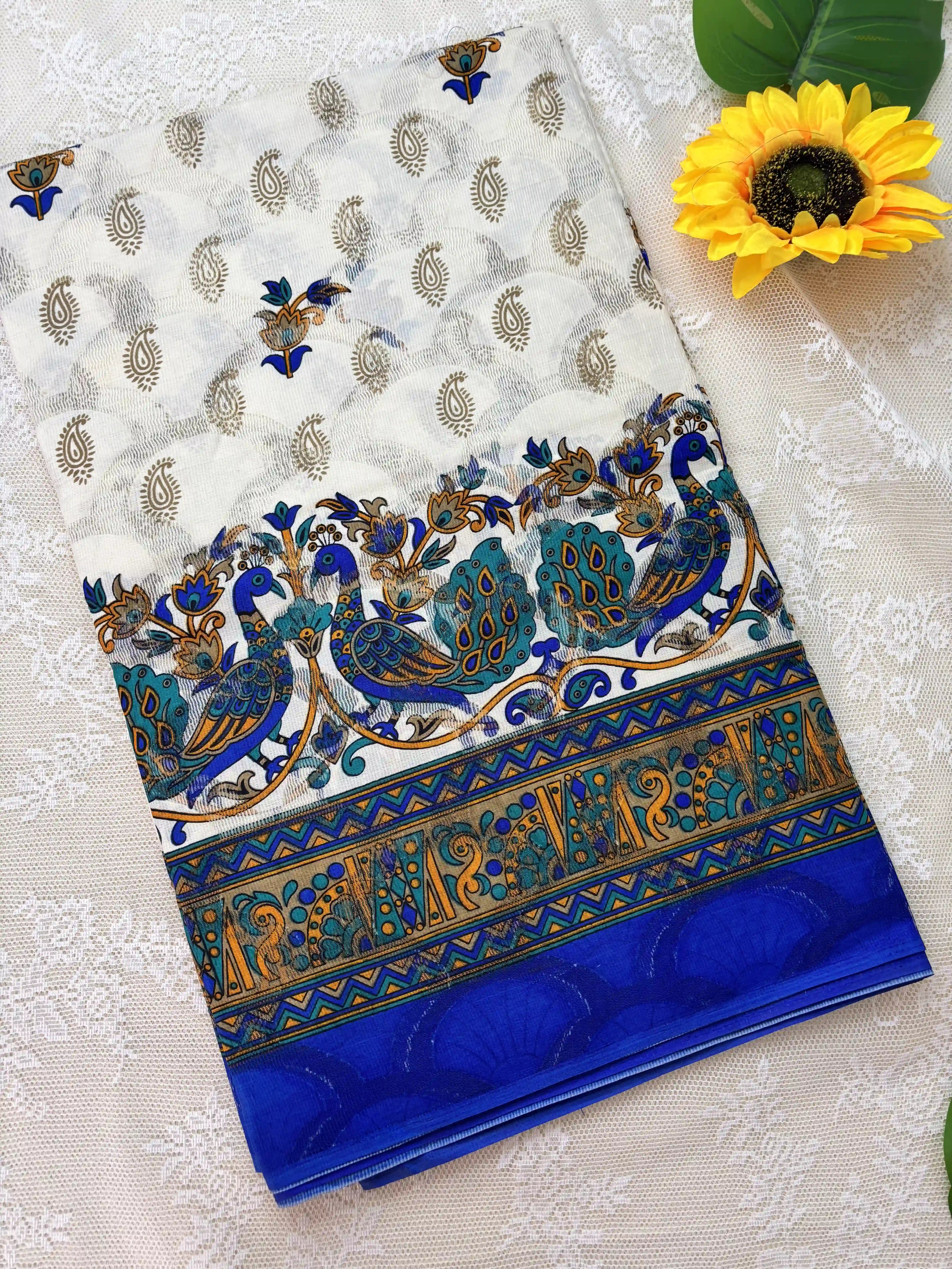 White Netted Cotton Saree with Red, Blue and Yellow Kalamkari Print, Netted Butta and Blue Border and Pallu