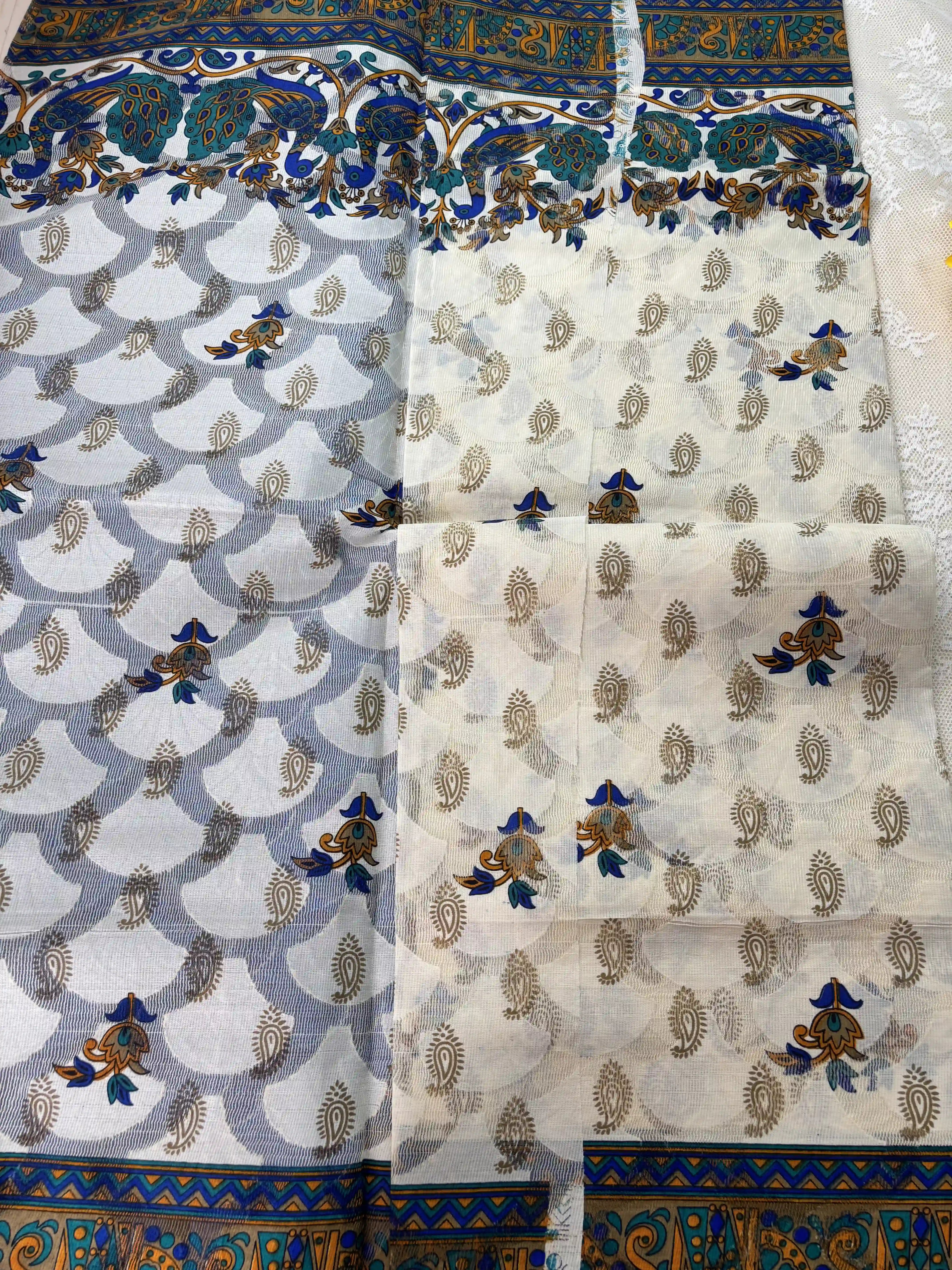 White Netted Cotton Saree with Red, Blue and Yellow Kalamkari Print, Netted Butta and Blue Border and Pallu