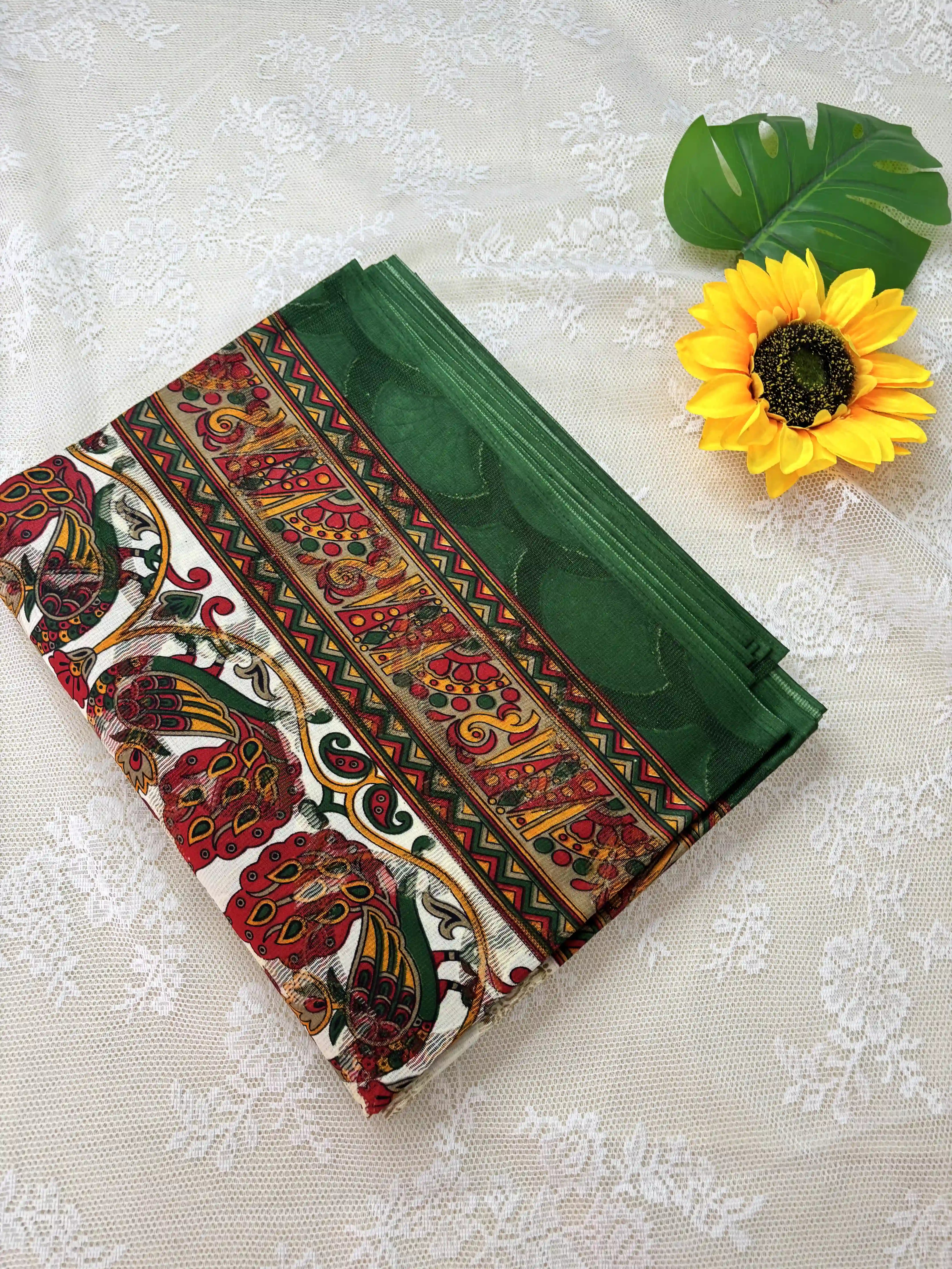 White Netted Cotton Saree with Red, Blue and Yellow Kalamkari Print, Netted Butta and Green Border and Pallu