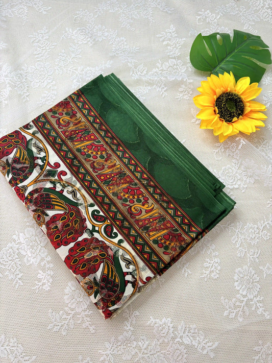 White Netted Cotton Saree with Red, Blue and Yellow Kalamkari Print, Netted Butta and Green Border and Pallu