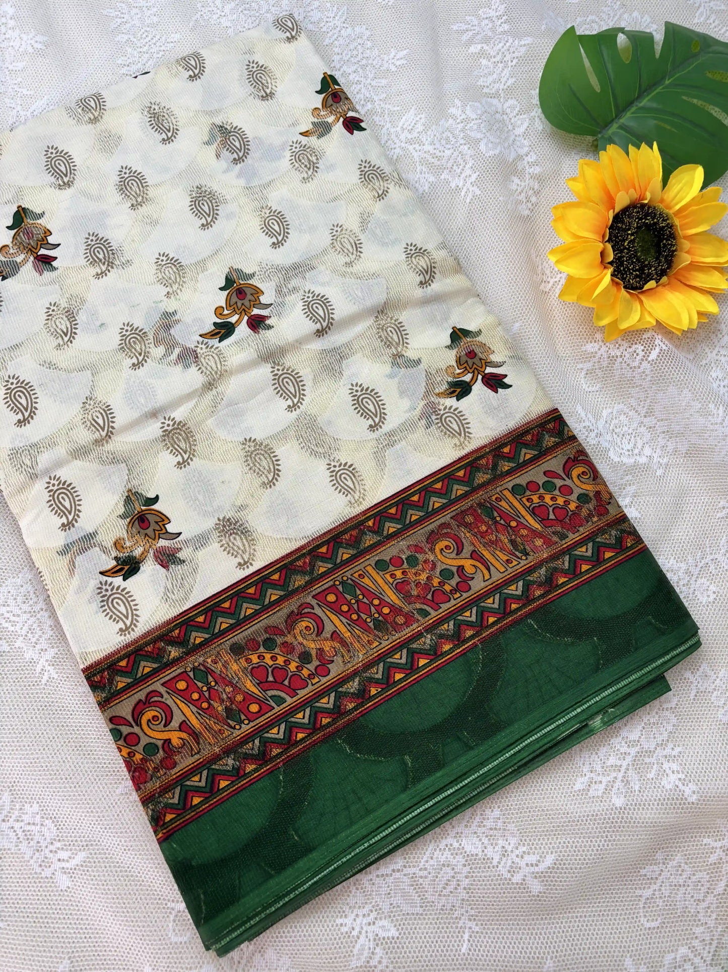 White Netted Cotton Saree with Red, Blue and Yellow Kalamkari Print, Netted Butta and Green Border and Pallu