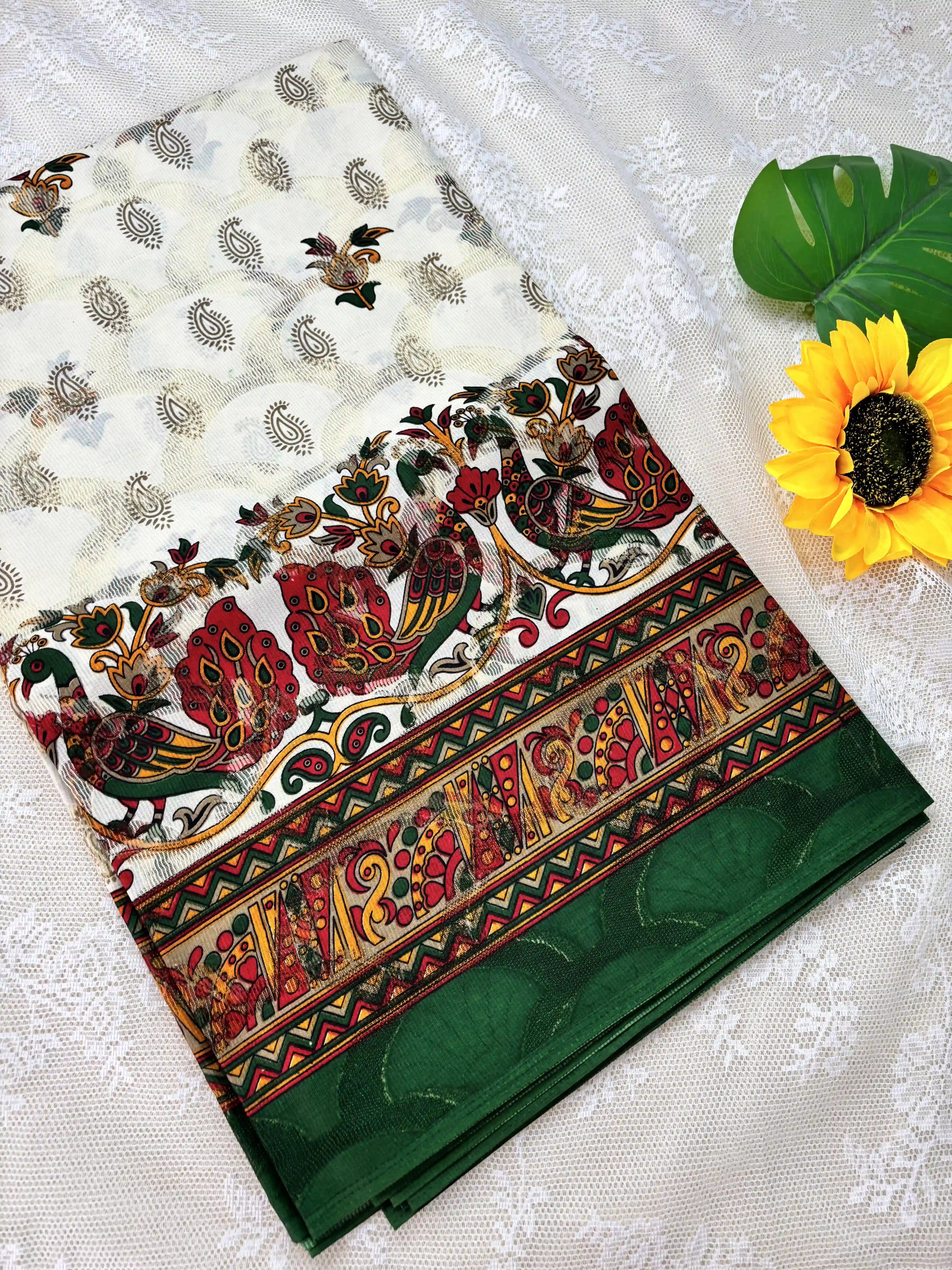 White Netted Cotton Saree with Red, Blue and Yellow Kalamkari Print, Netted Butta and Green Border and Pallu