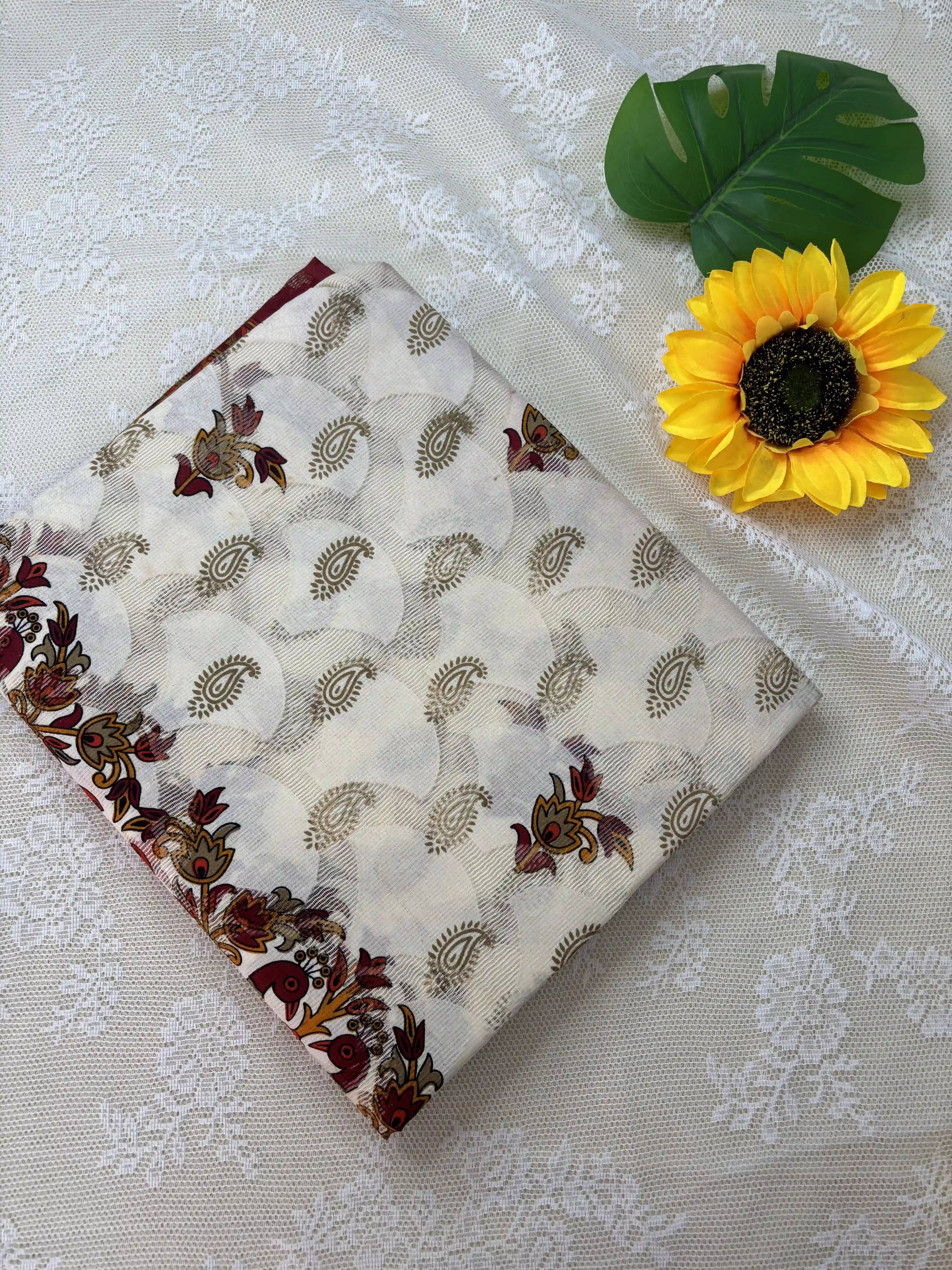 White Netted Cotton Saree with Red, Blue and Yellow Kalamkari Print, Netted Butta and Dark Pink Border and Pallu