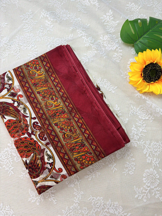 White Netted Cotton Saree with Red, Blue and Yellow Kalamkari Print, Netted Butta and Dark Pink Border and Pallu