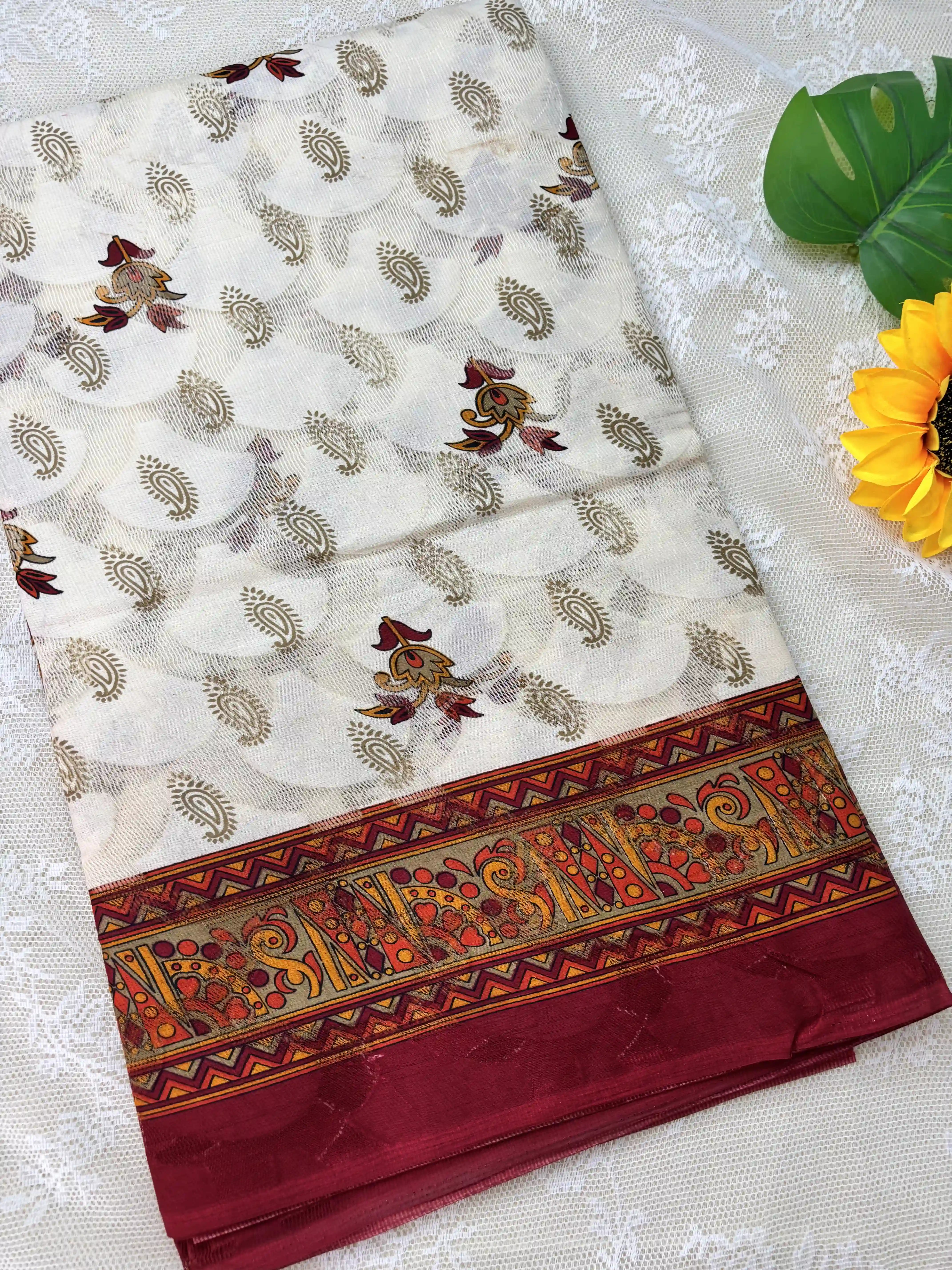 White Netted Cotton Saree with Red, Blue and Yellow Kalamkari Print, Netted Butta and Dark Pink Border and Pallu