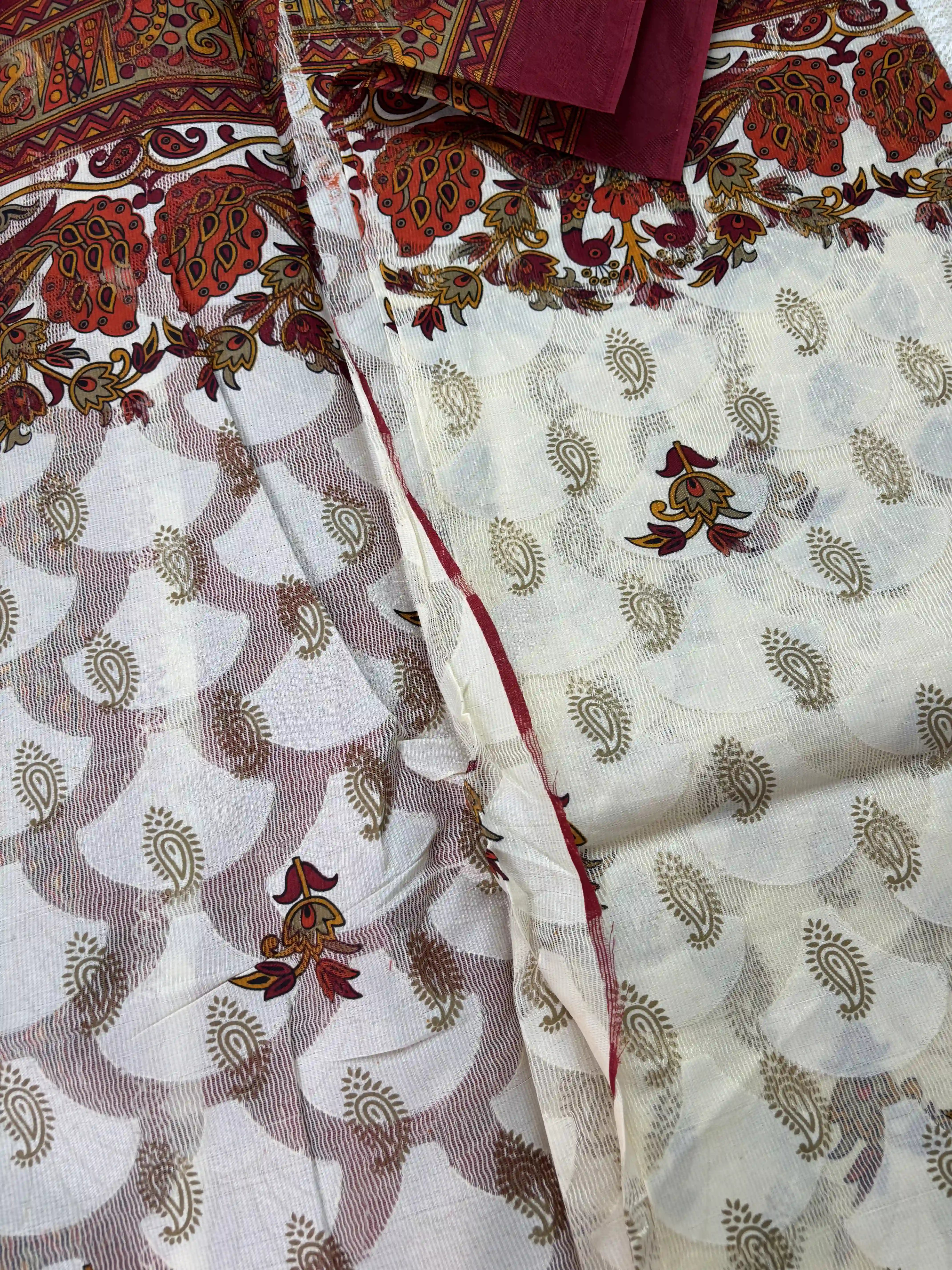White Netted Cotton Saree with Red, Blue and Yellow Kalamkari Print, Netted Butta and Dark Pink Border and Pallu