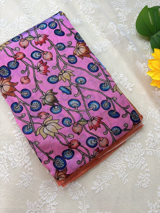 Pink and Blue Cotton Silk with Pichwai Print and Peach Border