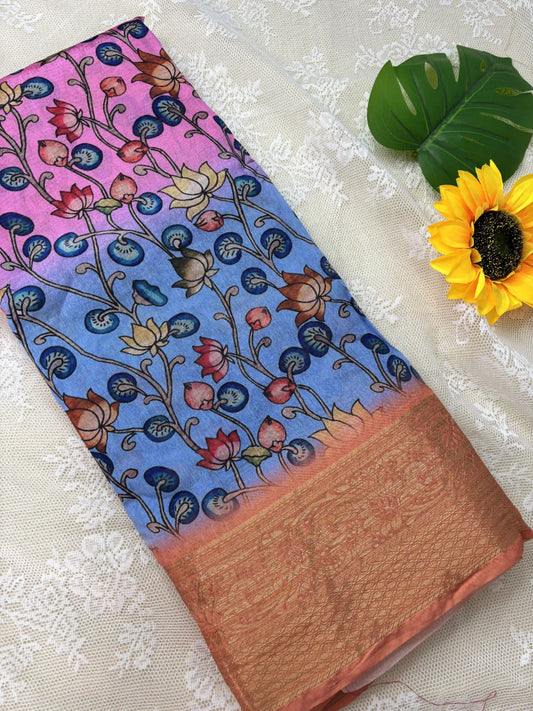 Pink and Blue Cotton Silk with Pichwai Print and Peach Border